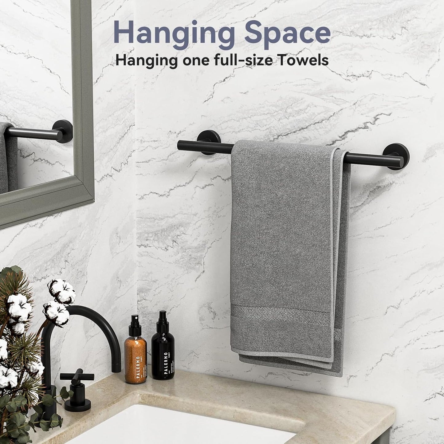 Matte Black Towel Bar, 16 Inch Bathroom Towel Rack, Towel Holder Wall Mounted, Thicken SUS304 Stainless Steel Towel Rod Modern Home Decor (Total Length 18-Inch)