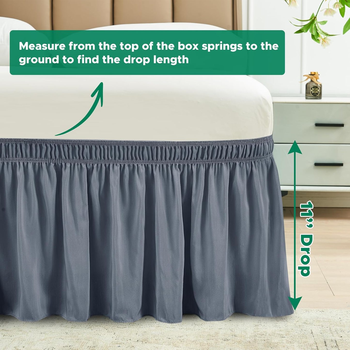 Biscaynebay Wrap Around Bed Skirts for King & Cal King Beds 11" Short Drop, Dark Grey Adjustable Elastic Dust Ruffles Easy Fit Wrinkle Resistant Silky Luxurious Fabric Machine Washable
