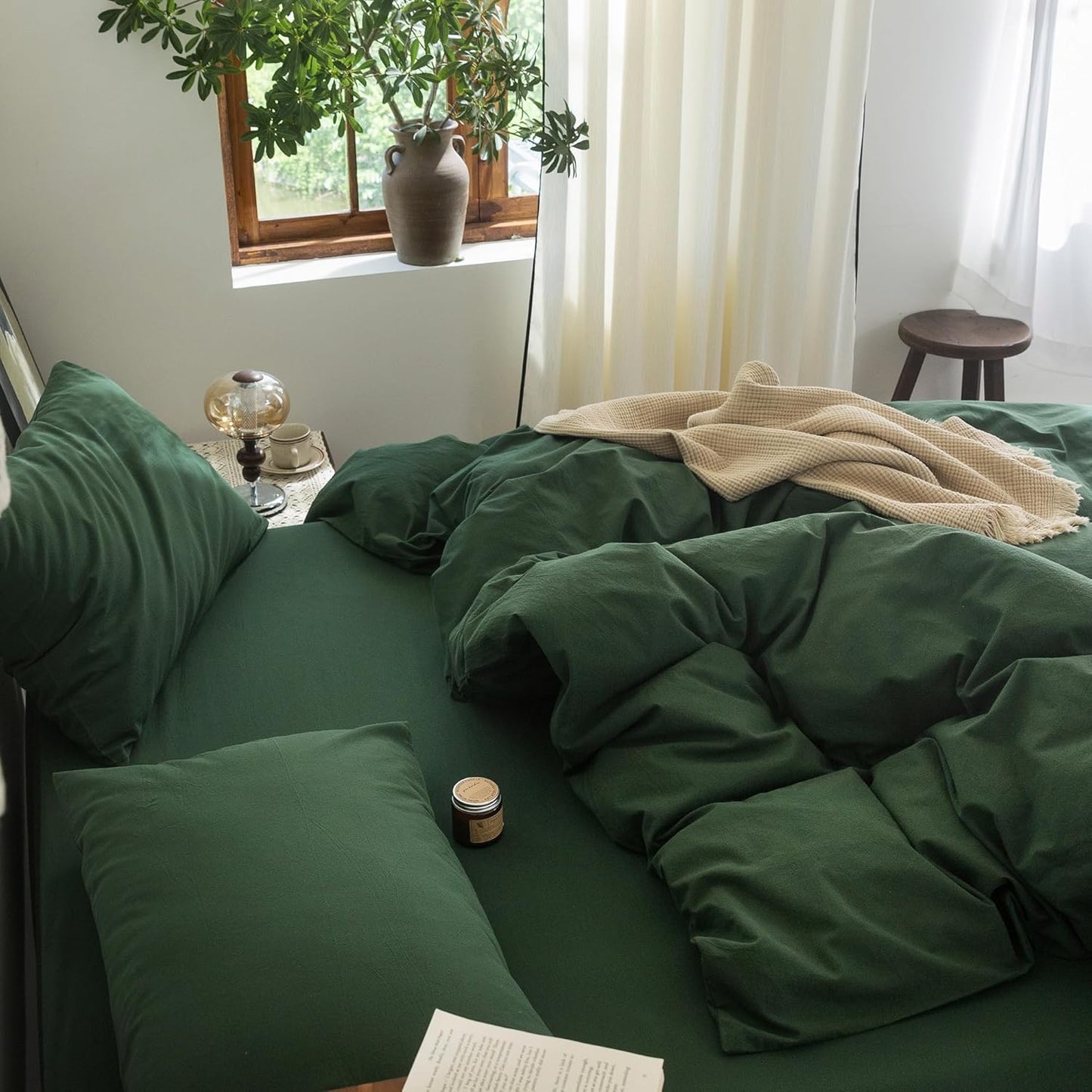 FOSSA Duvet Cover Set 100% Washed Cotton Linen Feel Super Soft Breathable Cozy 3 Pieces Bedding Sets Solid Forest Green Queen