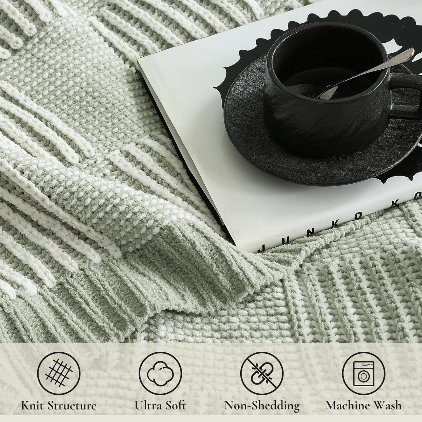 Amélie Home Checkered Knit Throw Blanket for Couch, Chenille Texture Decorative Soft Blanket for Sofa & Chair, 50"x60", Sage Green & White