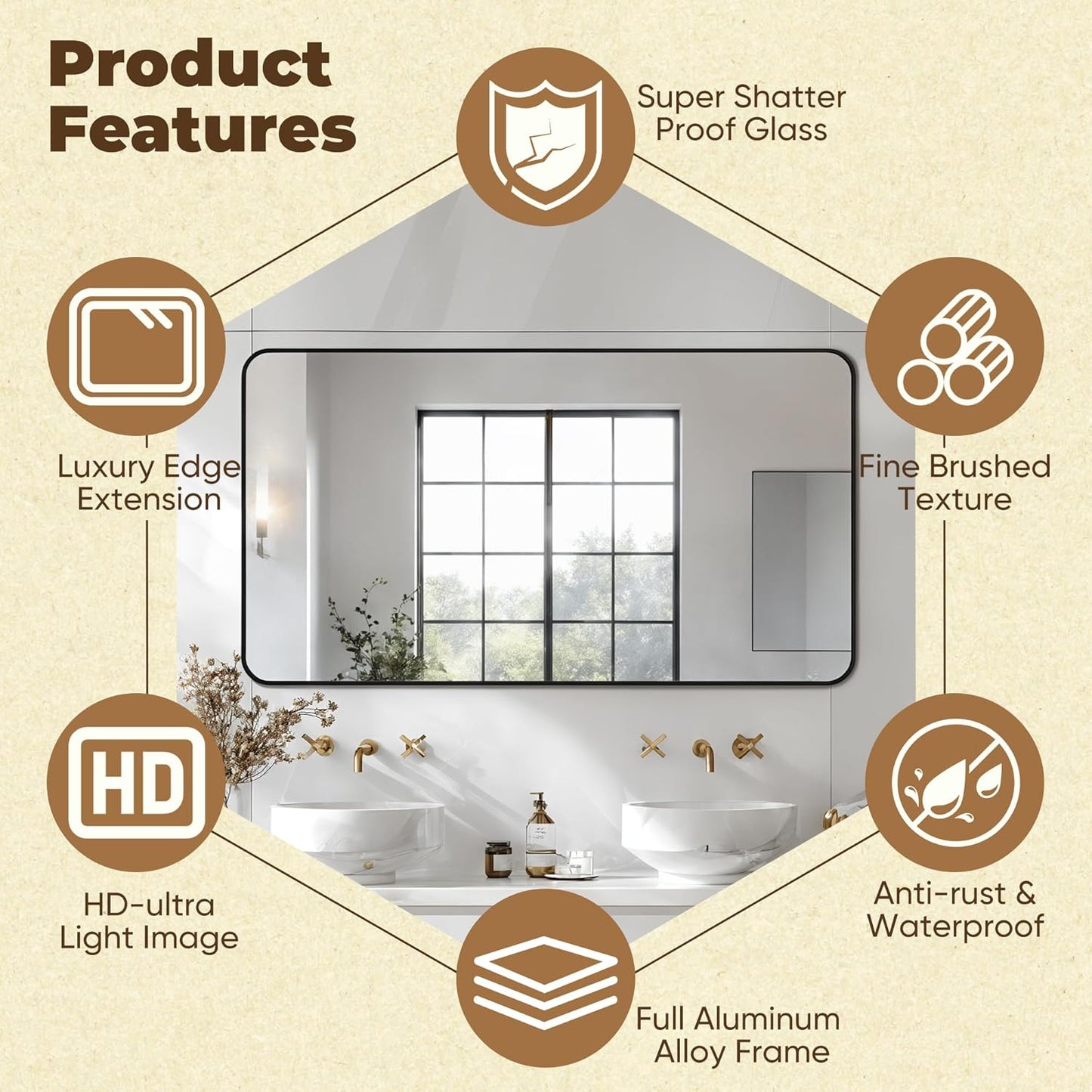 Antok Bathroom Mirror,60"x30" Wall Mirror, Decorative Mirrors Vanity Mirror Aluminum Alloy Frame Contemporary Hanging Mirror for Living Room Bathroom Entryway,Black,Round Corner