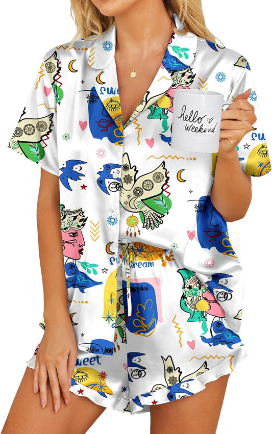 Ekouaer Womens Satin Pajamas Set Button Down 2 Piece Silk Pjs Shorts Set Ruffle Lingerie Notch Collar Sleepwear