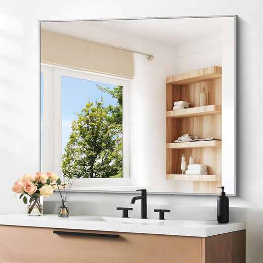 36" x 40"Bathroom Mirror, Silver Rectangle Corner Wall Mirror with Metal Frame, Decorative Rectangular Vanity Mirror for Bedroom Bathroom Living Room Entryway (Horizontal/Vertical)