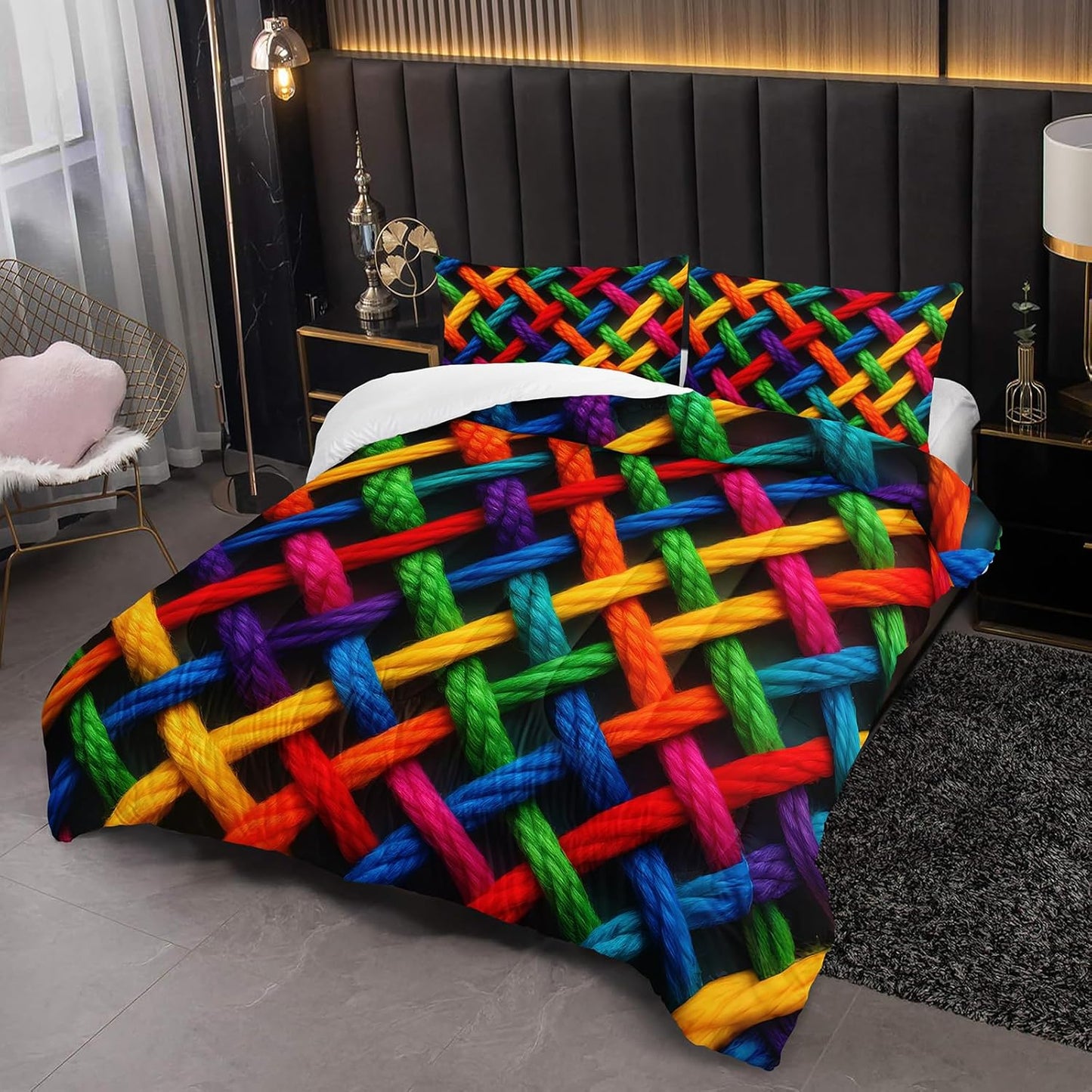 Colorful Checkered Geometric Pattern Comforter Set Queen Size，Waffle Weave Bedding Set Queen，with 1 Comforter with 2 Pillow Case，Checkered Print Bedroom Decor