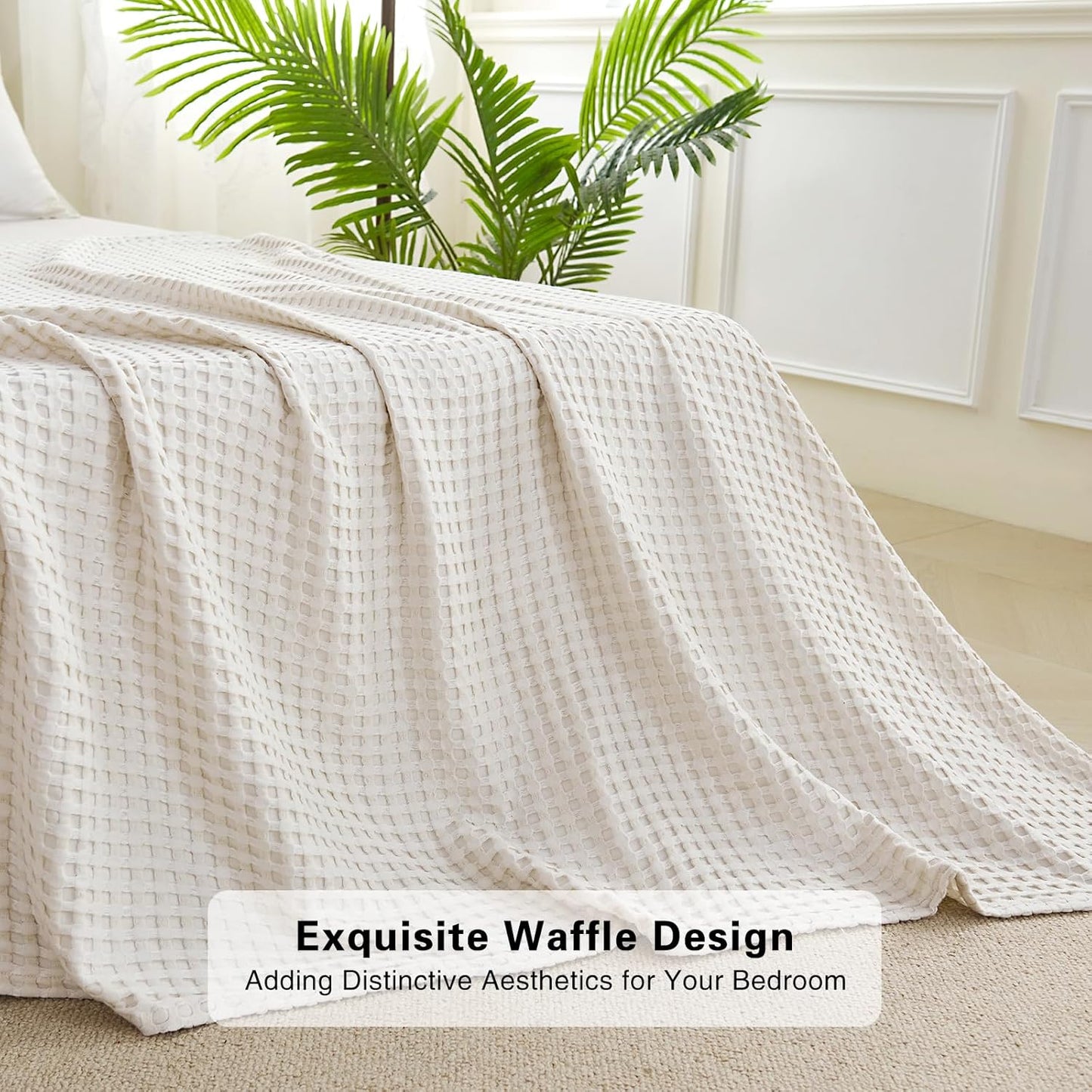 Aganear Waffle Blanket - Lightweight Breathable Summer Blanket of 50% Cotton and 50% Rayon Derived from Bamboo for Hot Sleepers Luxury Throws for Bed, Couch and Sofa,Beige,104x90 Inches