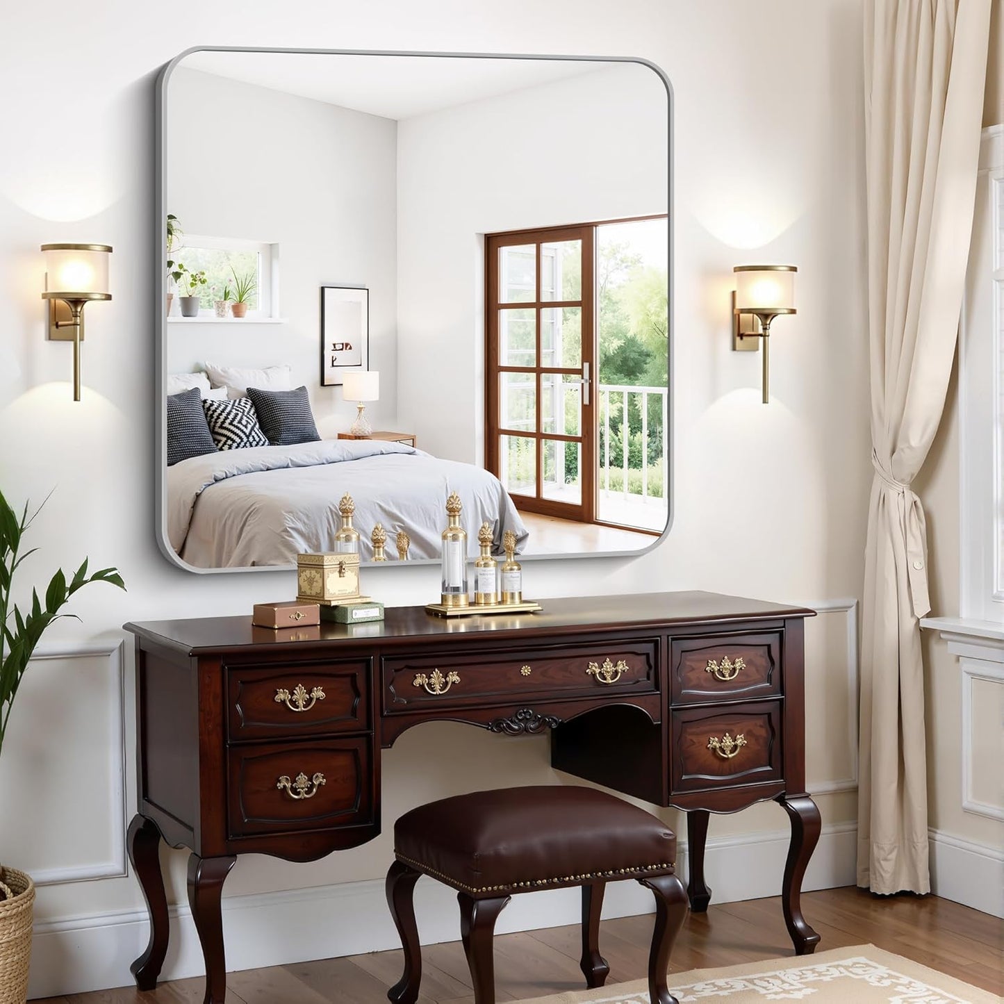 FORBATH 42x42 Inch Silver Bathroom Mirror for Over Sink, Large Square Wall Mirror with Metal Frame, Rounded Corners for Bathroom, Bedroom, Entryway Decor (Horizontal or Vertical)