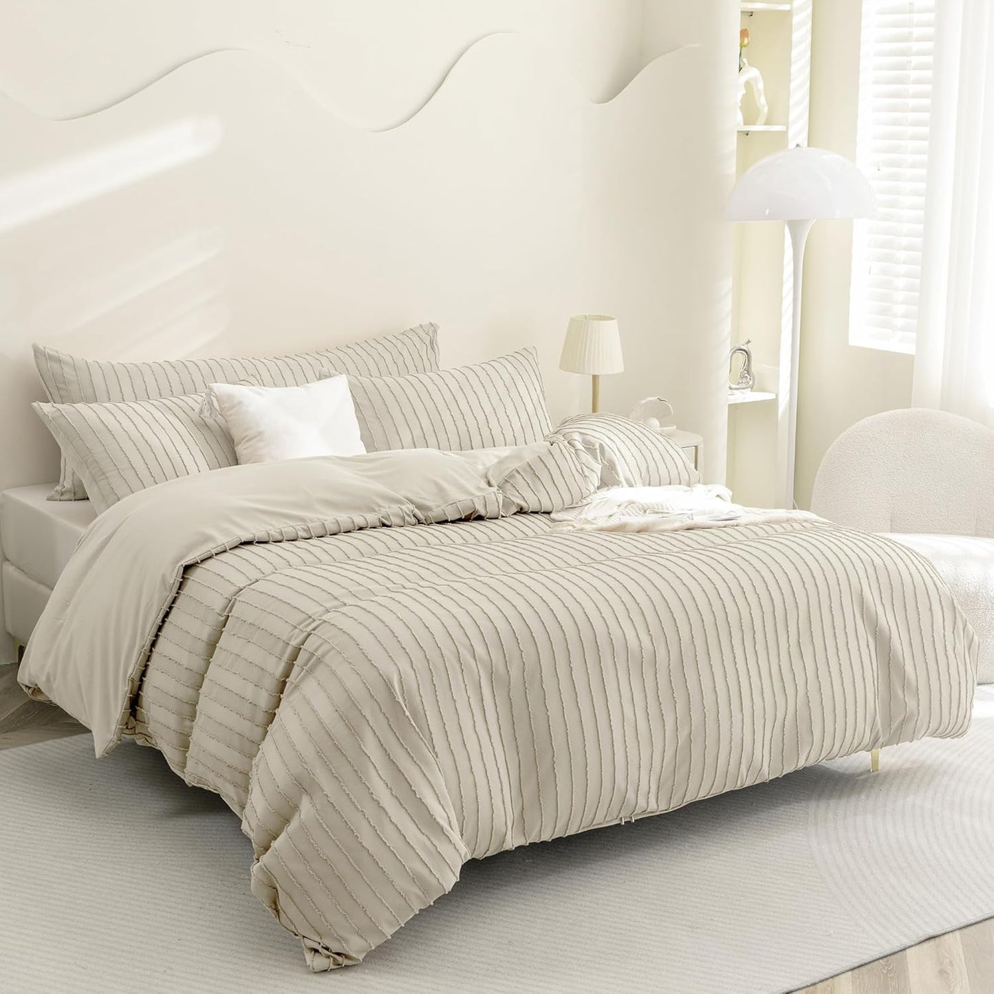 JELLYMONI Duvet Cover Twin Size Light Khaki - 3PCS Boho Striped Duvet Cover Set Polyester Tufted Bohemian Textured Comforter Cover 68×90in with Corner Ties & Zipper and 2 Pillowcases