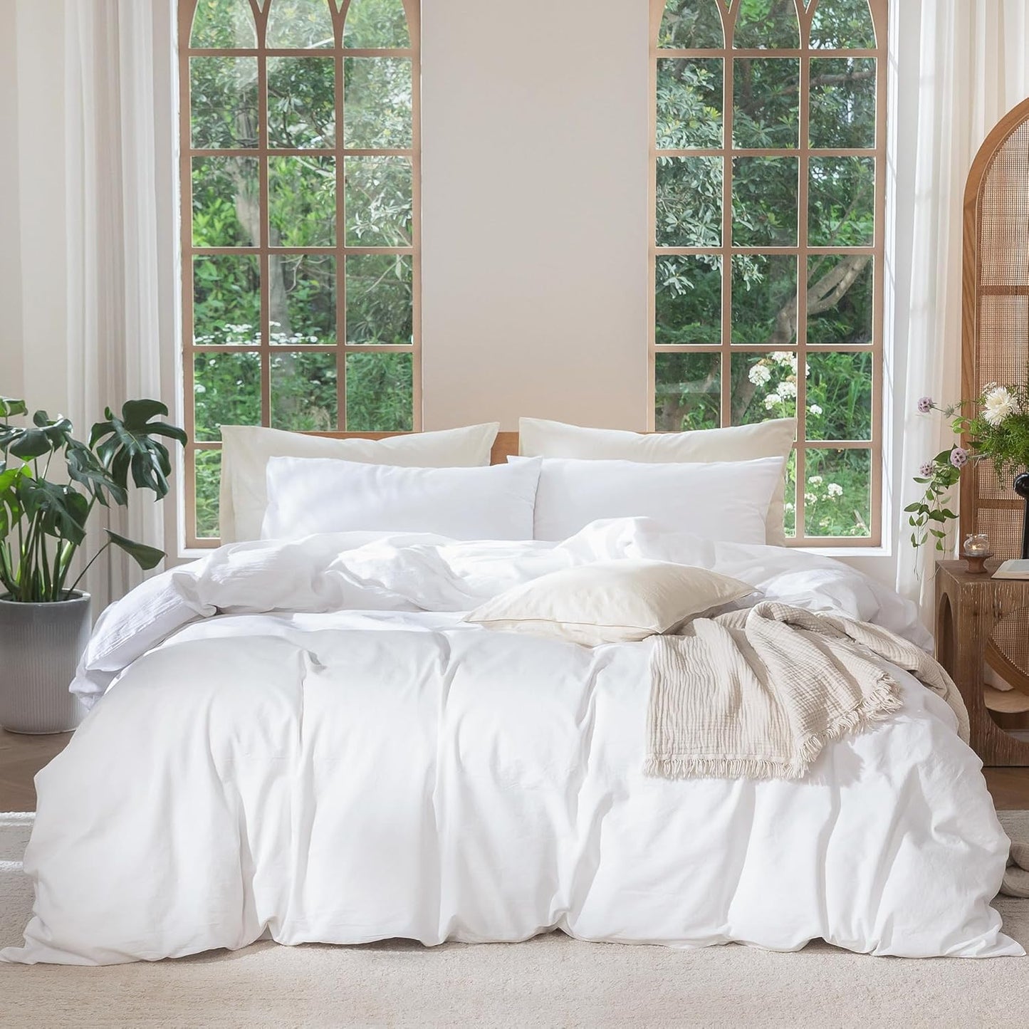 MooMee Bedding Duvet Cover Set 100% Washed Cotton Linen Like Textured Breathable Durable Soft Comfy (Solid Bright White, Twin 68"x90")