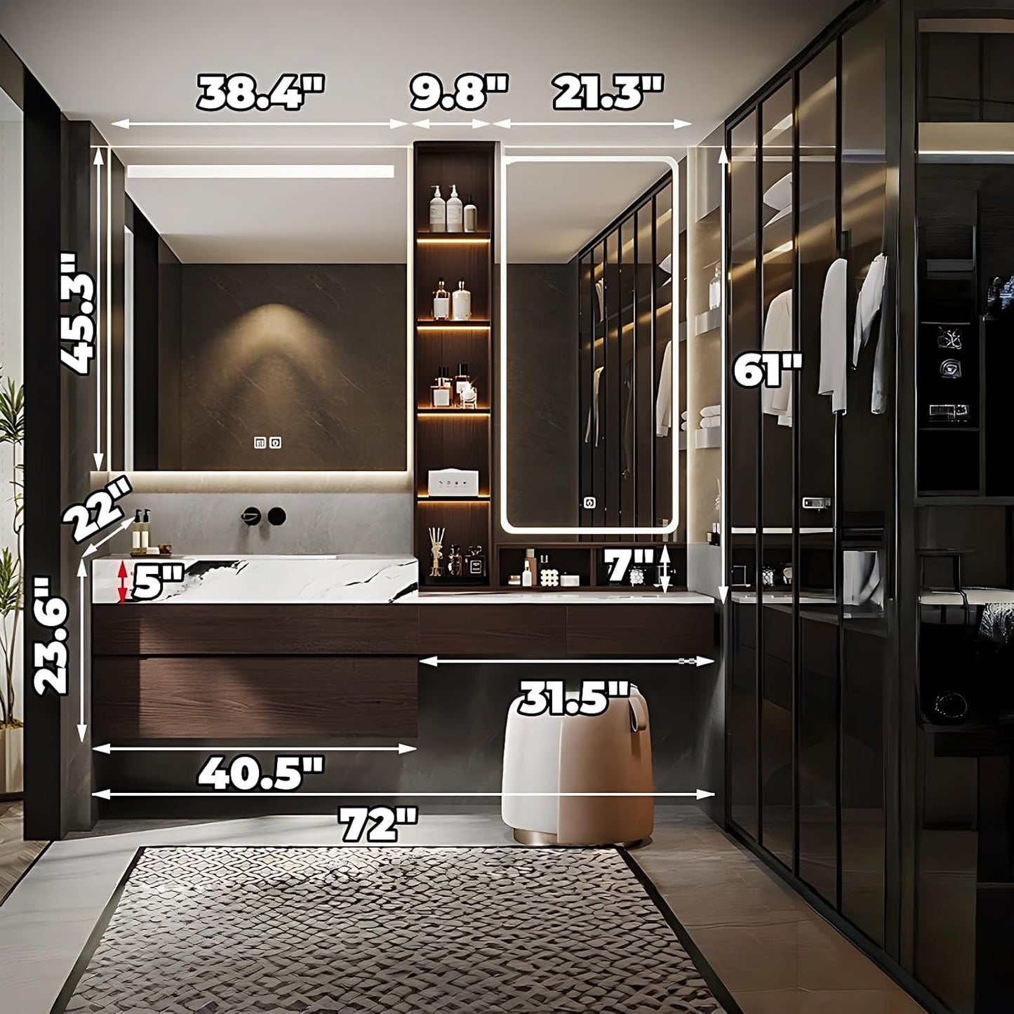 Bathroom Vanity with Sink - Luxury Bathroom Sink Cabinet, Floating Vanity with Smart Defogging Mirror & Storage Drawer, Multi-Layer Solid Wood Panel - Complete Accessories (72")