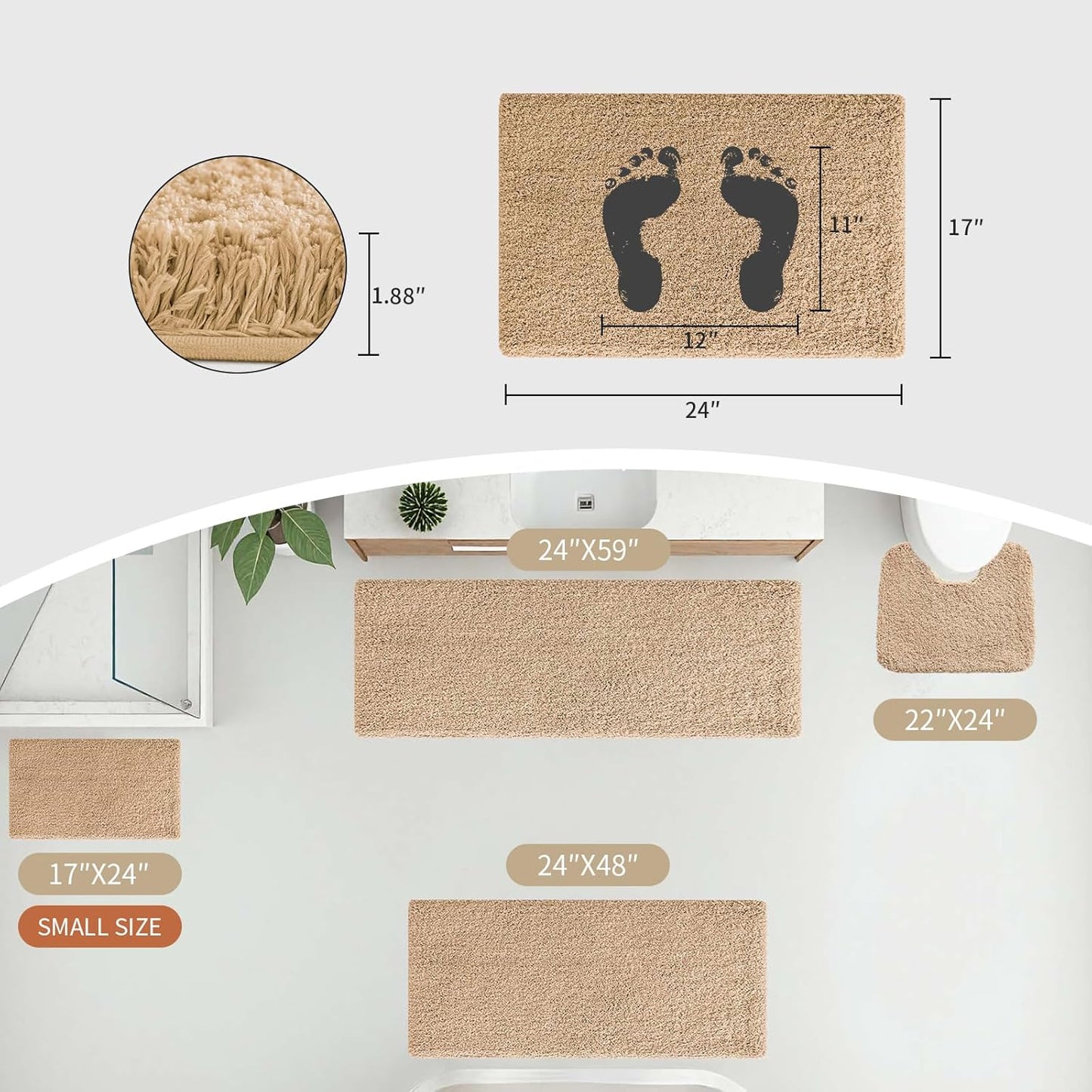 Small Bathroom Rug 17x24 Non Slip Beige Fluffy Bath Mat for Bathroom Floor Washable Plush Luxury Bath Rug for Tub Soft Shaggy Absorbent Shower Mat