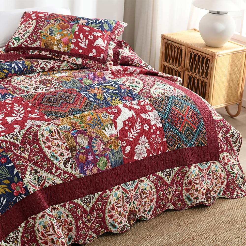ENASAL Cotton Bedspread Quilt Sets Reversible Bedding Coverlet Sets Comforters Vintage Luxury Damask Floral Real Patchwork Burgundy Bedspread,King Size