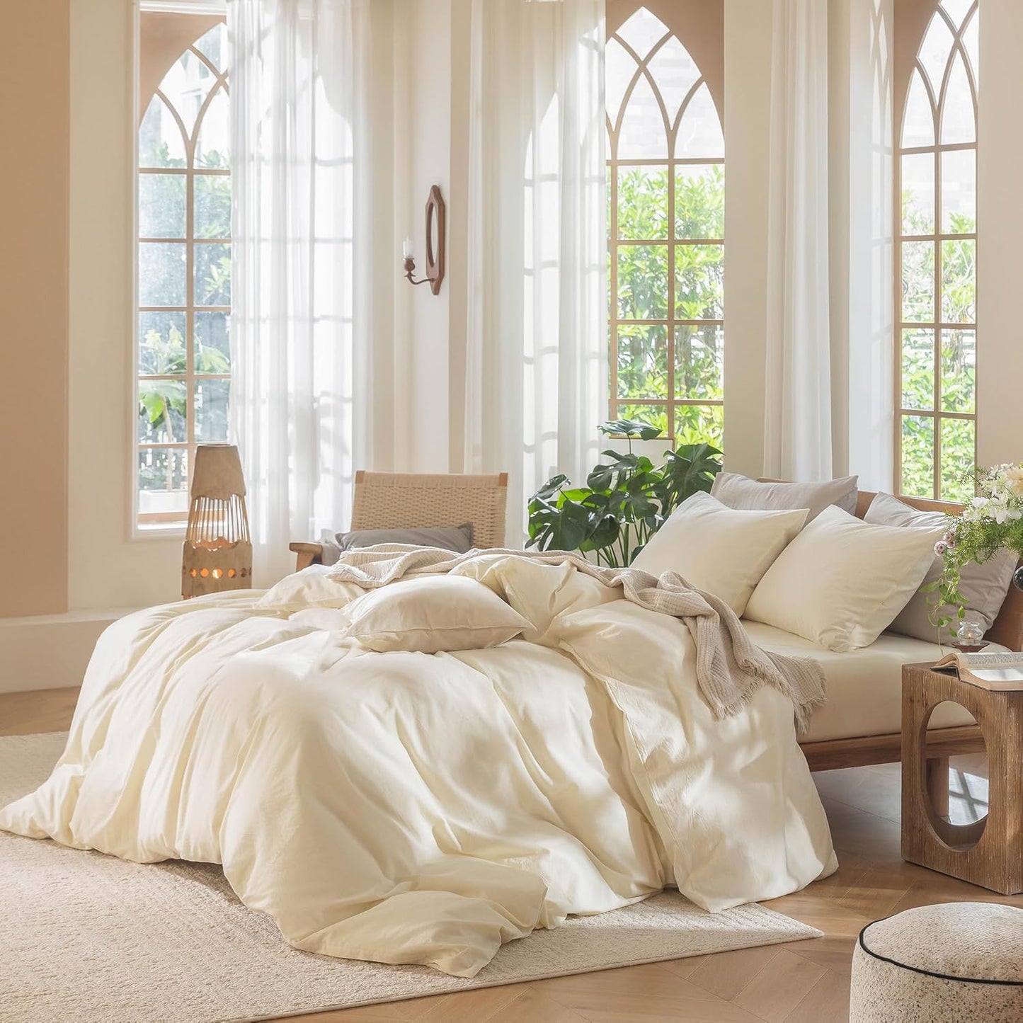 MooMee Bedding Duvet Cover Set 100% Washed Cotton Linen Like Textured Breathable Durable Soft Comfy (Solid Cream White, Super Queen 90"x98")