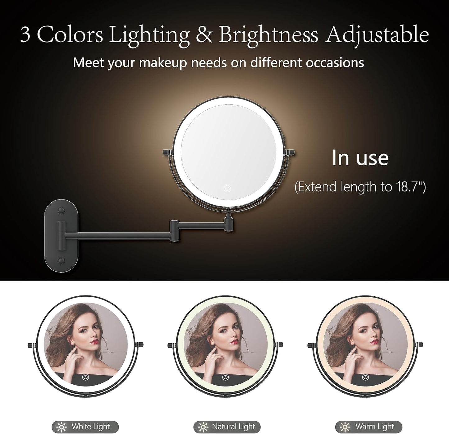 Rechargeable Wall Mounted Lighted Makeup Vanity Mirror 8 Inch Double Sided 1X 10X Magnifying Bathroom Mirror, 3 Color Lighting, Touch Screen Dimming, 360 Rotation Shaving Mirror