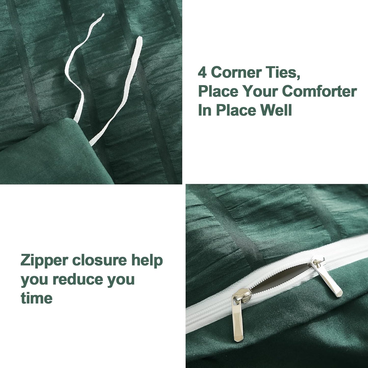 AveLom Dark Green Seersucker Duvet Cover Set Queen Size (90 x 90 inches), 3 Pieces (1 Duvet Cover + 2 Pillow Cases), Ultra Soft Washed Microfiber, Textured Duvet Cover with Zipper Closure, Corner Ties