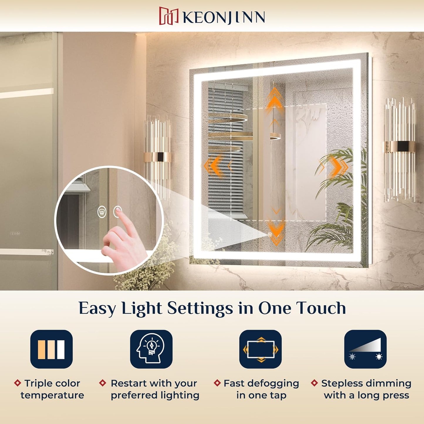 Keonjinn 60" x 40" Lighted Mirror for Bathroom Wall, LED Mirror with Frontlit & Backlit, Large Bathroom Mirror with Lights, Dimmable 3-Color Lights, HD Tempered Glass, UL-Listed LED Driver
