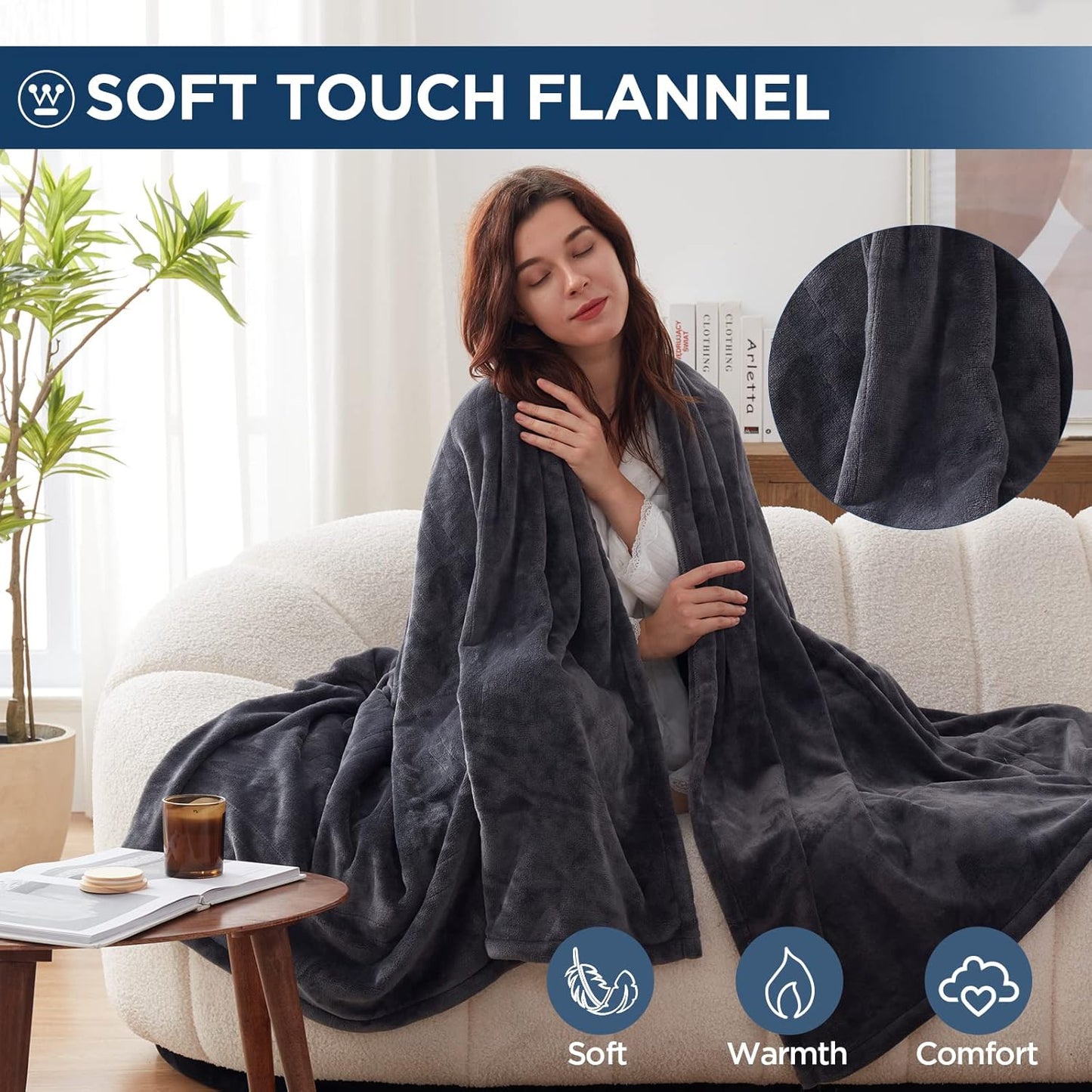 Westinghouse Electric Blanket Heated Throw, Super Cozy Soft Flannel 50"" x 60"" Heated Throw with 6 Fast Heating Levels & 2-10 Auto-Off, Machine Washable, ETL&FCC Certification, Home Office Use, Grey