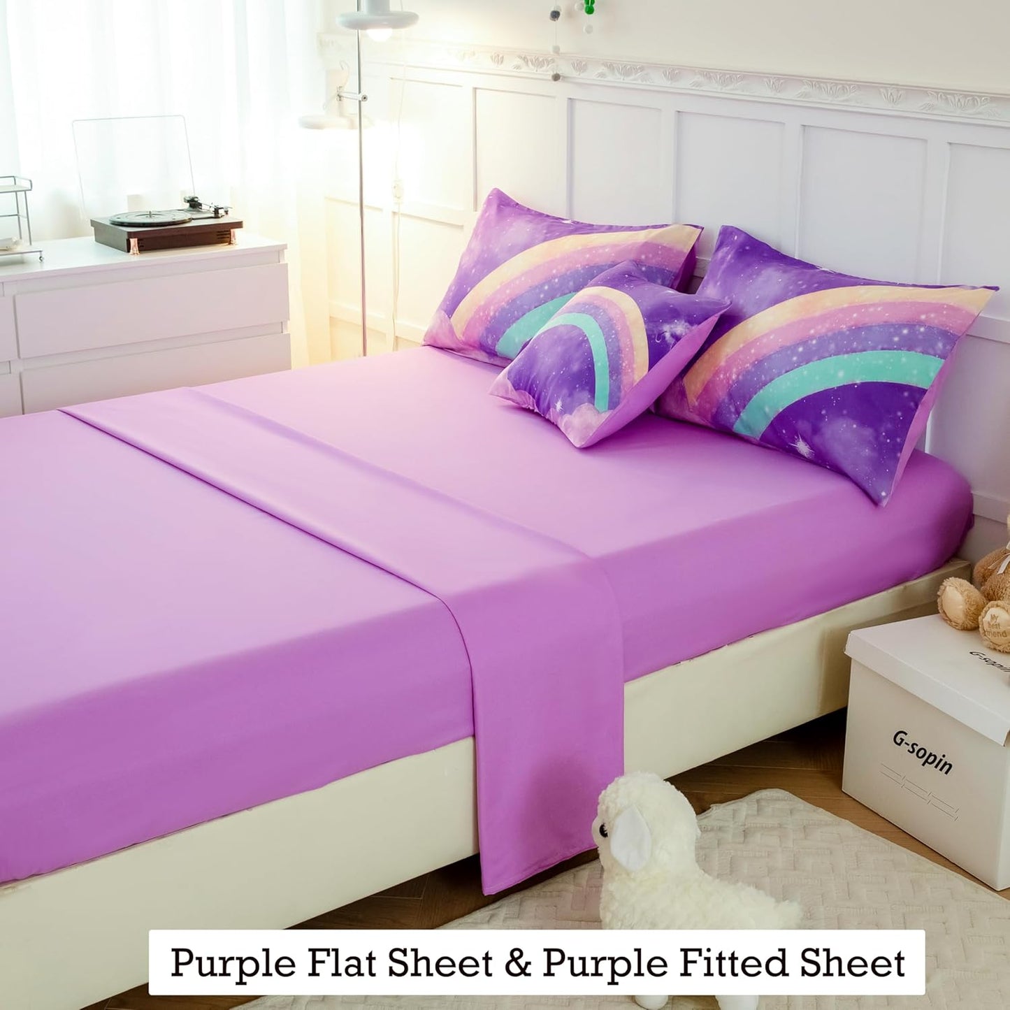 ANGIYUIN 6Pcs Gradient Purple Queen Size Comforter Set for Girls 3D Colorful Rainbow Galaxy Bed in A Bag Gradient Glitter Bedding Comforter Sets for All Season