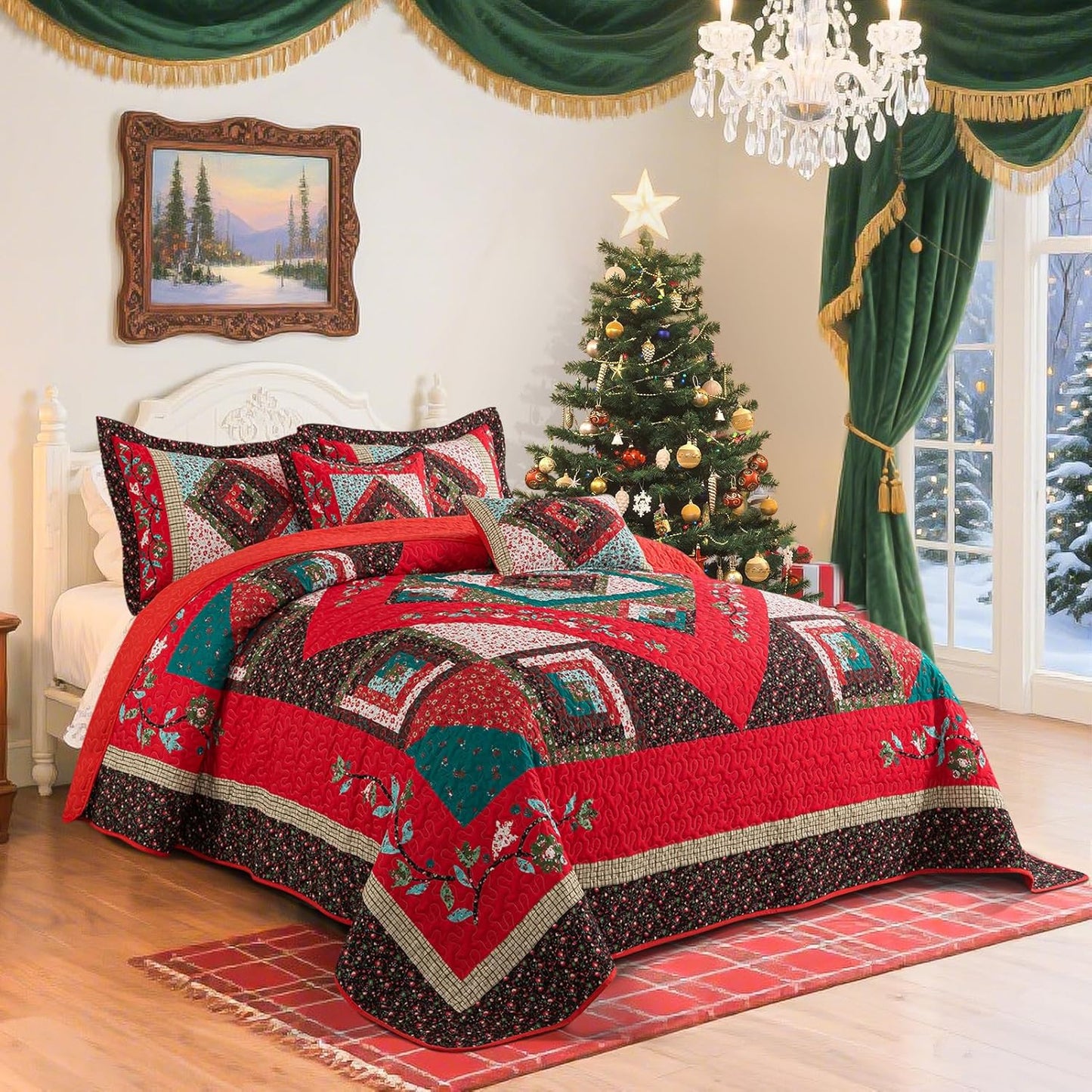 BEDIFANY Christmas Queen Size Quilt Set - Cotton Bedspreads Queen for Bed - Lightweight Farmhouse Queen Quilt Bedding Sets for All Seasons, 3 Pieces