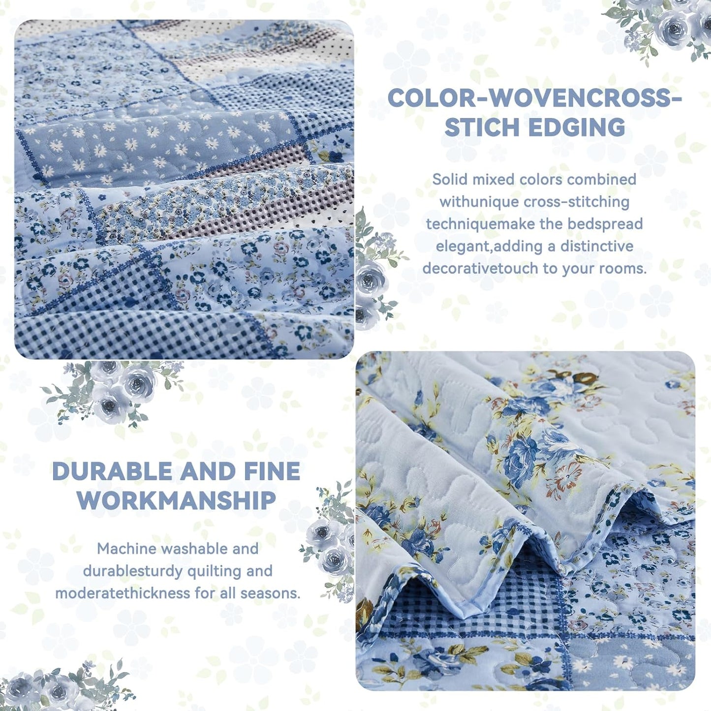 ENJOHOS 128x120 California King Quilt Sets Oversized, 3 Pcs Blue Plaid Floral Cal King Bedspread Coverlet Set for All Seasons, Patchwork Reversible Bedding Set