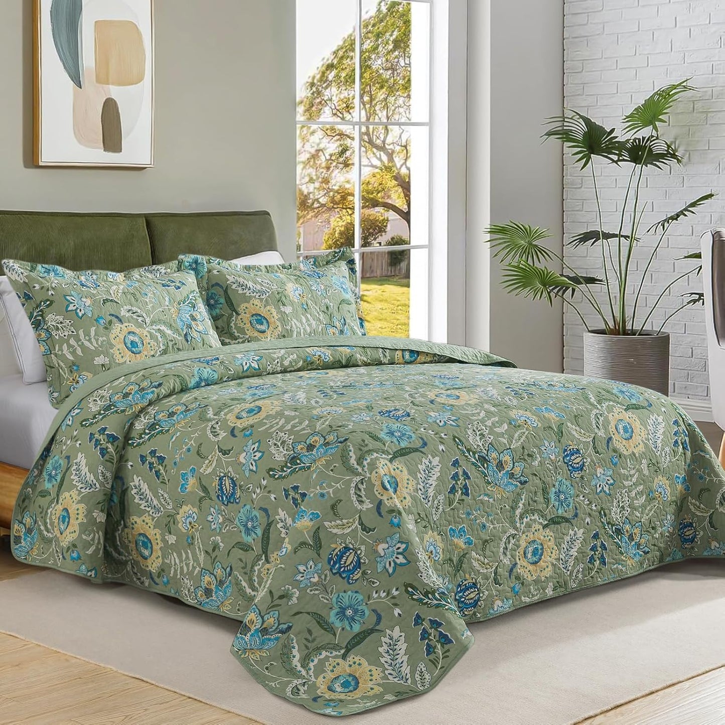 BEDIFANY Farmhouse King Quilt Bedding Set - Cotton Lightweight Bedspread with Floral Pattern, 98x106 Inch All Season Coverlet Set, 3 Piece (Quilt + 2 Pillow Shams)