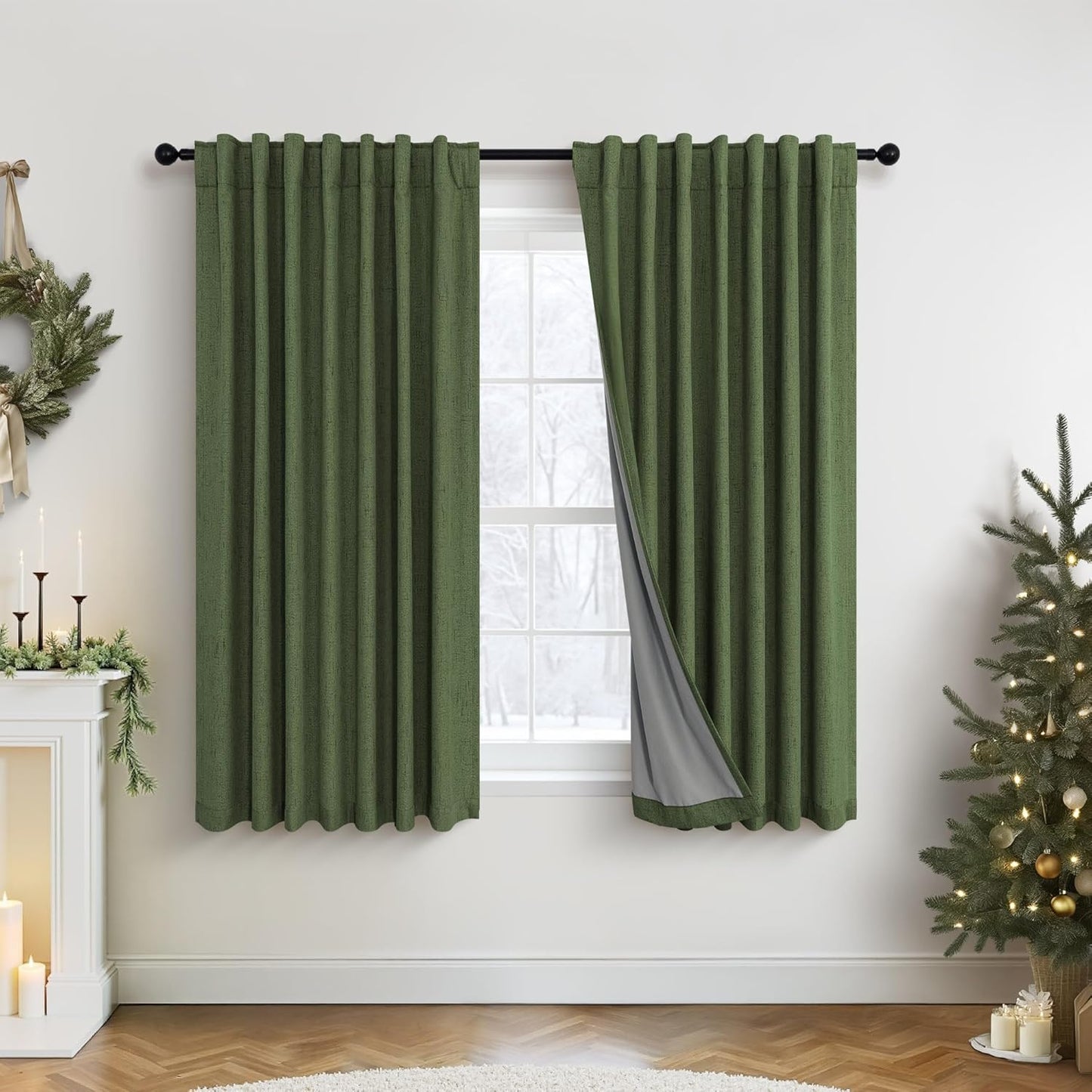 Pitalk Olive Green Blackout Curtains 63 Inch Length 2 Panel for Boys Bedroom Kids Nursery Decorative Linen Room Darkening Grass Forest Green Curtains Sound Draft Cold Heat Light Blocking Retro Vintage