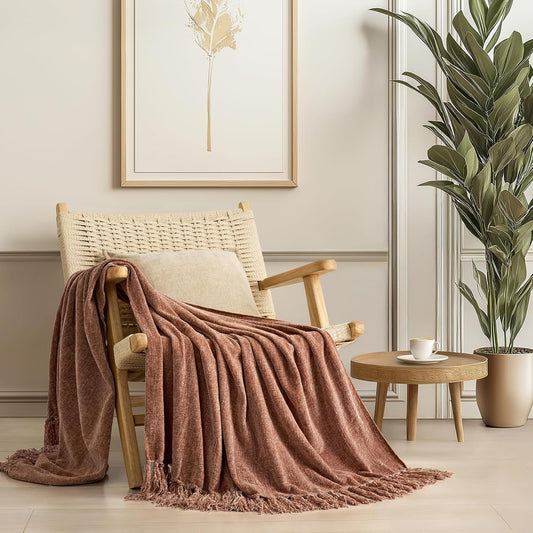 EVERGRACE Soft Chenille Throw Blanket for Couch, Cozy Plush Fuzzy Decorative Chenille Knit Throw Blanket with Tassels, Lightweight Blanket and Throws for Bed Sofa Gift Home Decor, Clay 60"x80"