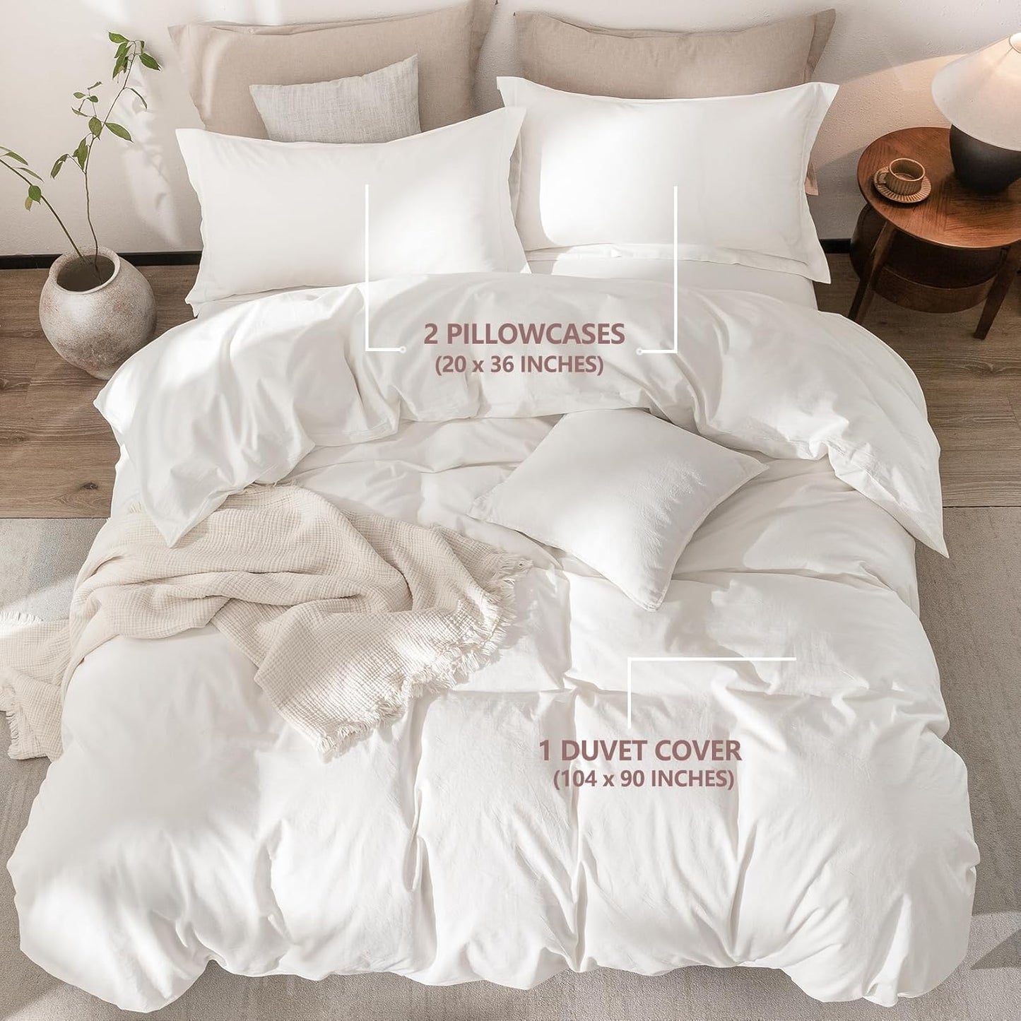Off White Duvet King Size 100% Washed Cotton Bedding Set Cover 1 Duvet Cover Zipper Closure and 2 Pillowcases, 104inch x 90inch