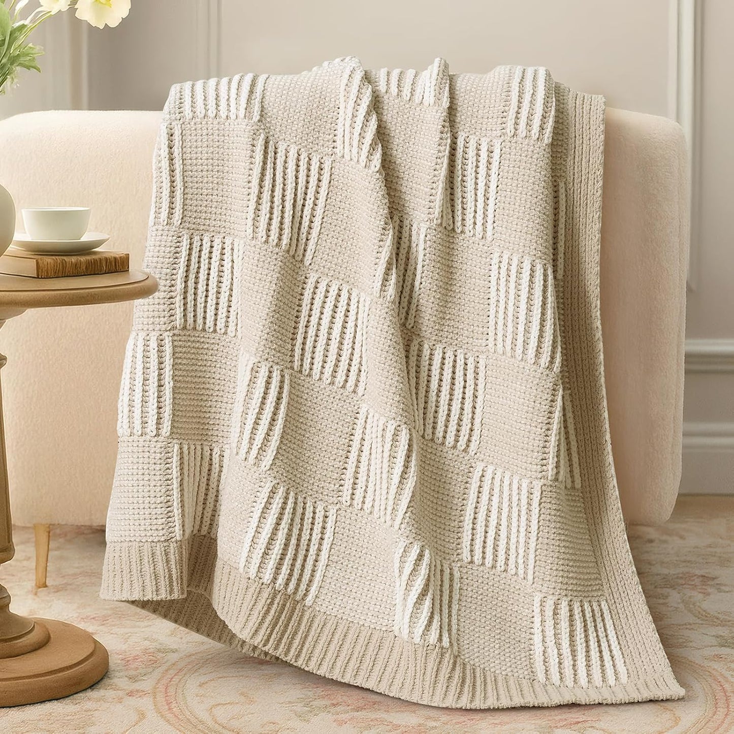 Amélie Home Checkered Knit Throw Blanket for Couch, Chenille Texture Decorative Soft Blanket for Sofa & Chair, 50"x60", Khaki & White