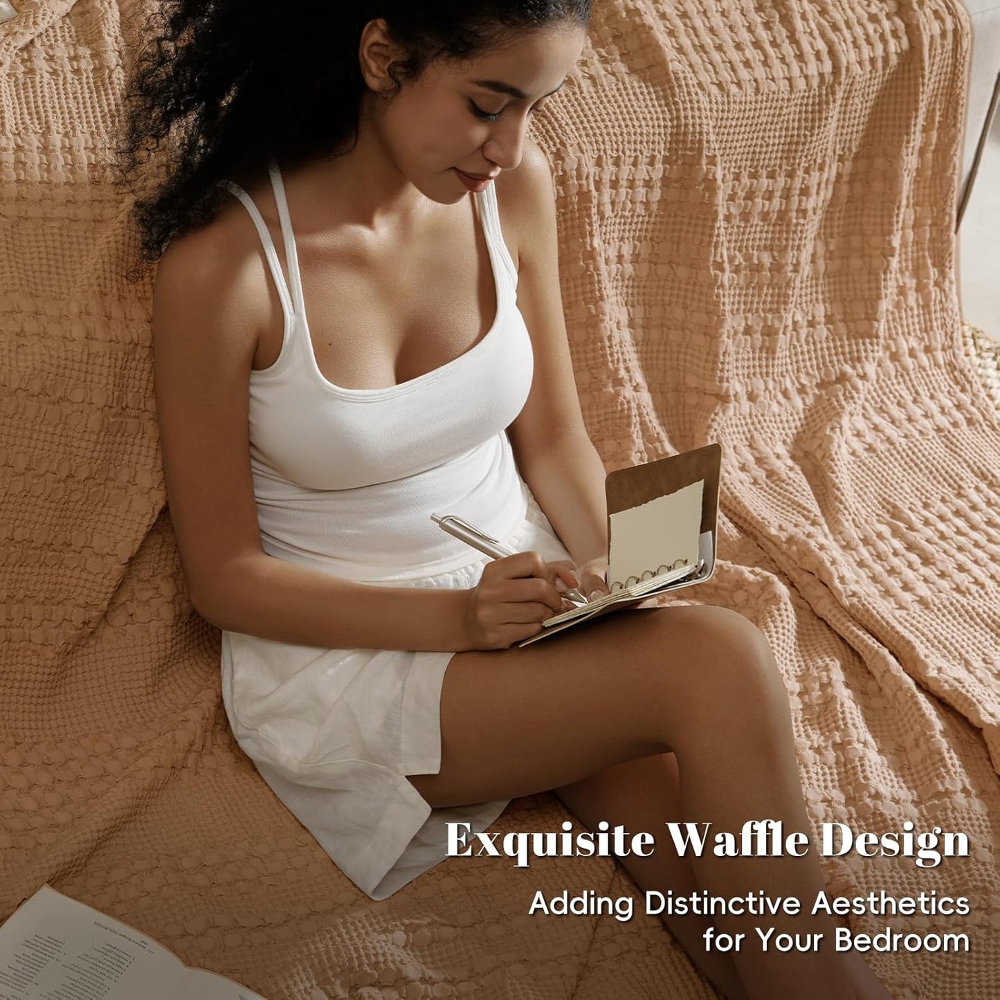 PHF 100% Cotton Waffle Weave Blanket King Size for Bed, Soft Lightweight & Breathable, All-Season Comfort, Luxury Aesthetic Woven Bedding for Home Decor, 108"x90", Clay