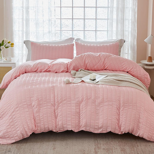 AveLom Blush Pink Seersucker Duvet Cover Set King Size (104 x 90 inches), 3 Pieces (1 Duvet Cover + 2 Pillow Cases), Ultra Soft Washed Microfiber, Textured Duvet Cover with Zipper Closure, Corner Ties