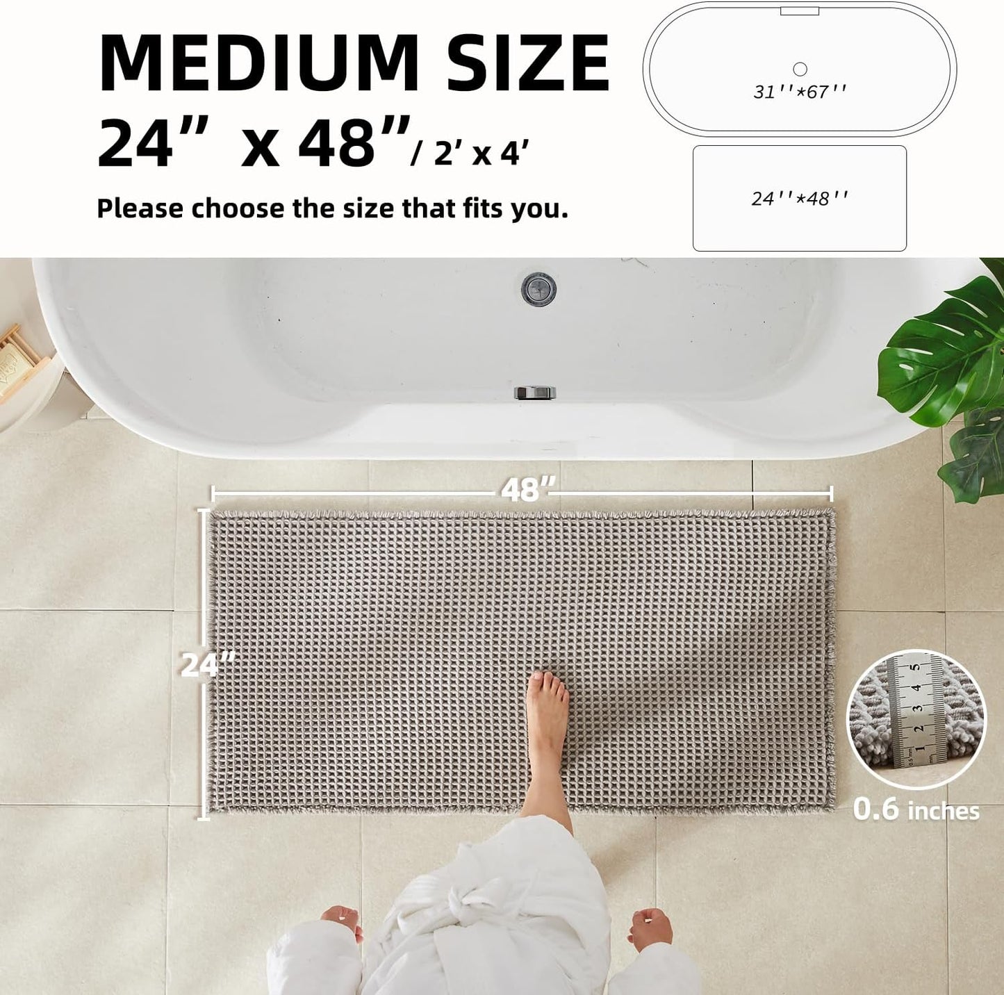Waffle Bath Mat, Boho Bathroom Rugs Non Slip Washable Super Absorbent Quick Dry Bath Mat Farmhouse Bathroom Decor, 48"x24" Light Grey