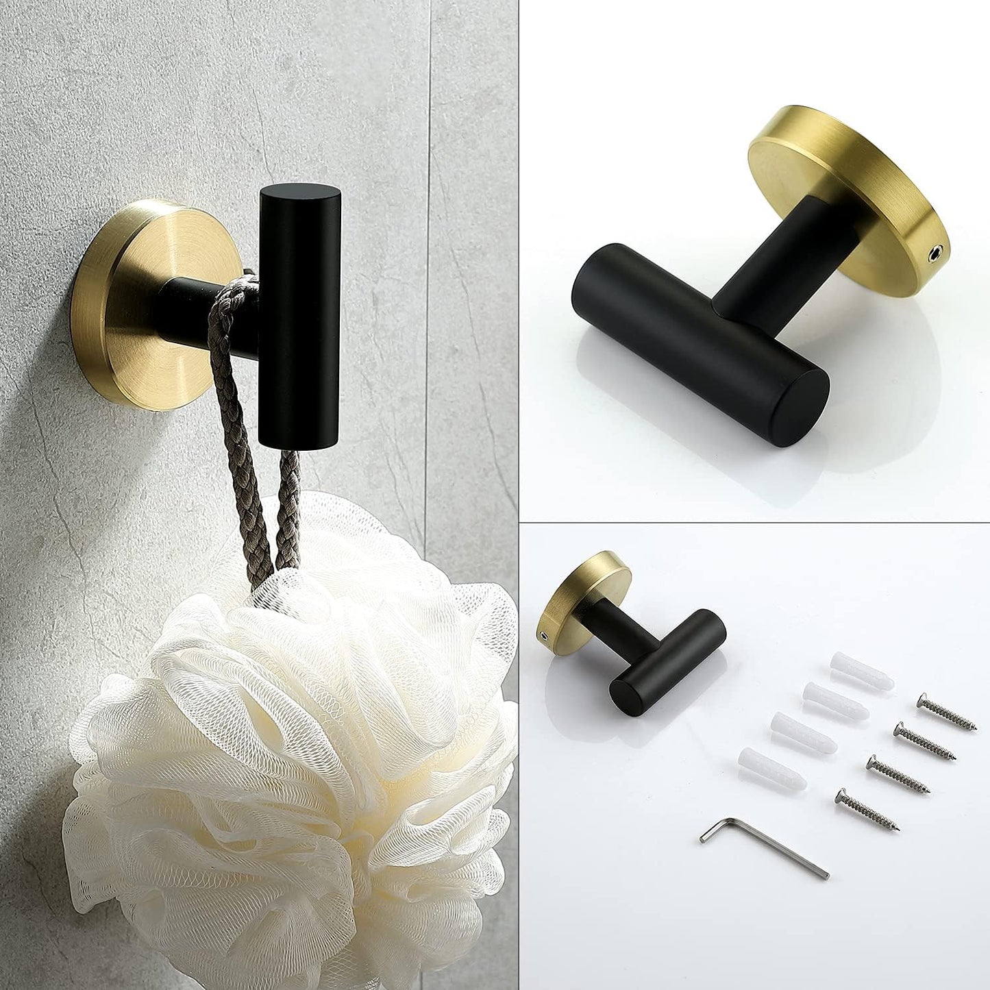 4 Piece Stainless Steel Matte Black and Brushed Gold Bathroom Hardware Set Include Hand Towel Ring Holder, Toilet Paper Holder,and 2 Robe Towel Hooks,Bathroom Accessories Kit