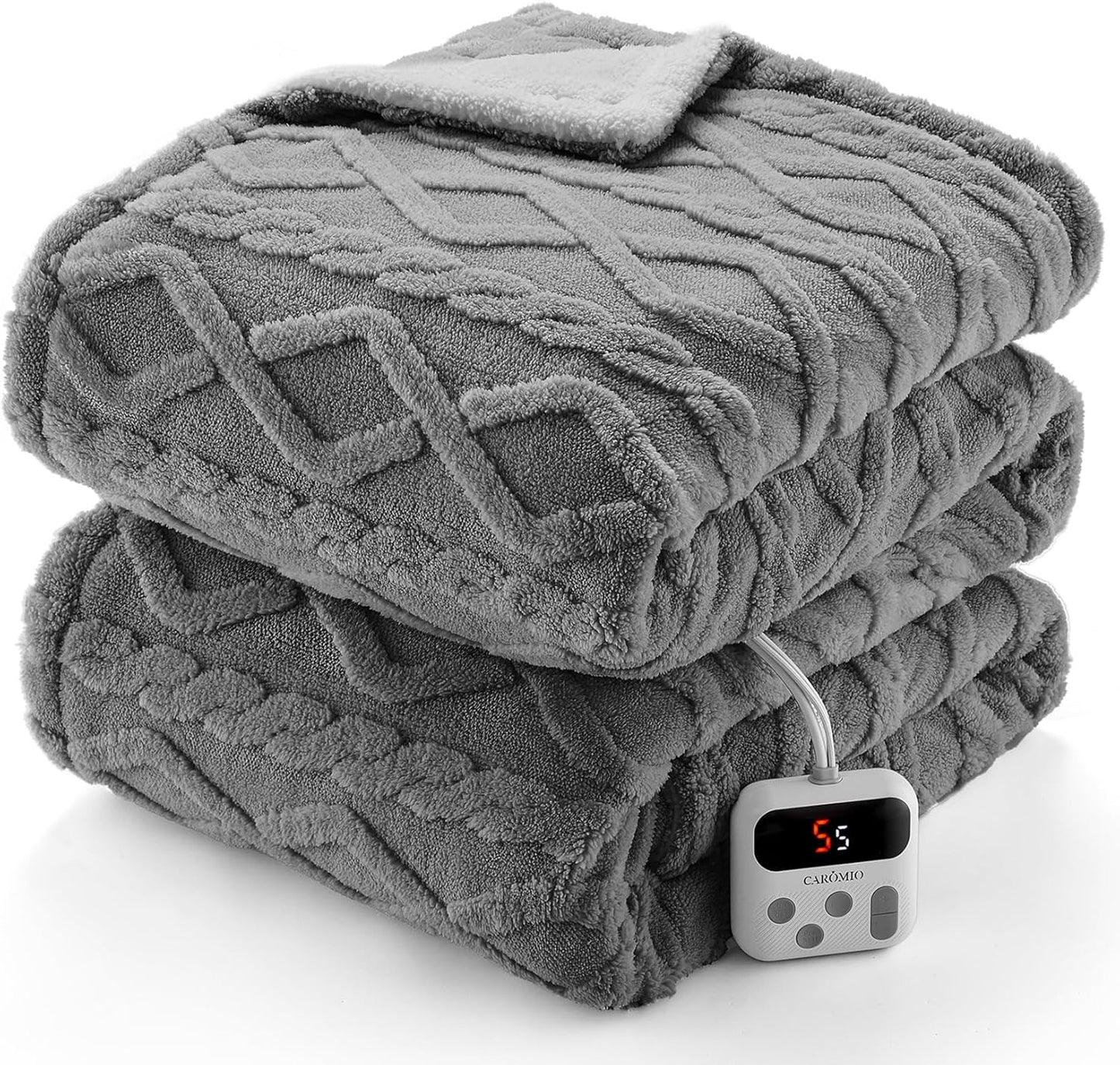 CAROMIO Electric Blanket Twin Size - Thick Tufted Sherpa Heated Blanket Twin with 10 Heating Levels and 10 Time Settings, ETL Certified Machine Washable Fast Heating Blanket Twin 62"×84", Grey