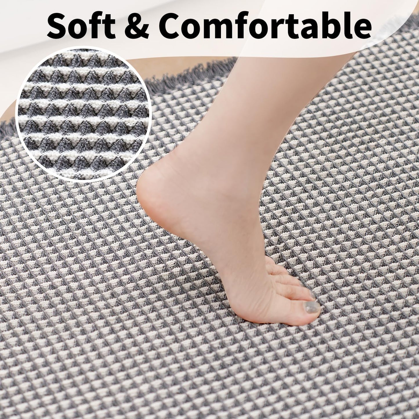 Waffle Bath Mat - Boho Bathroom Rugs Non Slip Washable, Super Absorbent & Quick Dry, Small Bath Mats Farmhouse Bathroom Decor, 18'' x 30'', Dark Grey and White