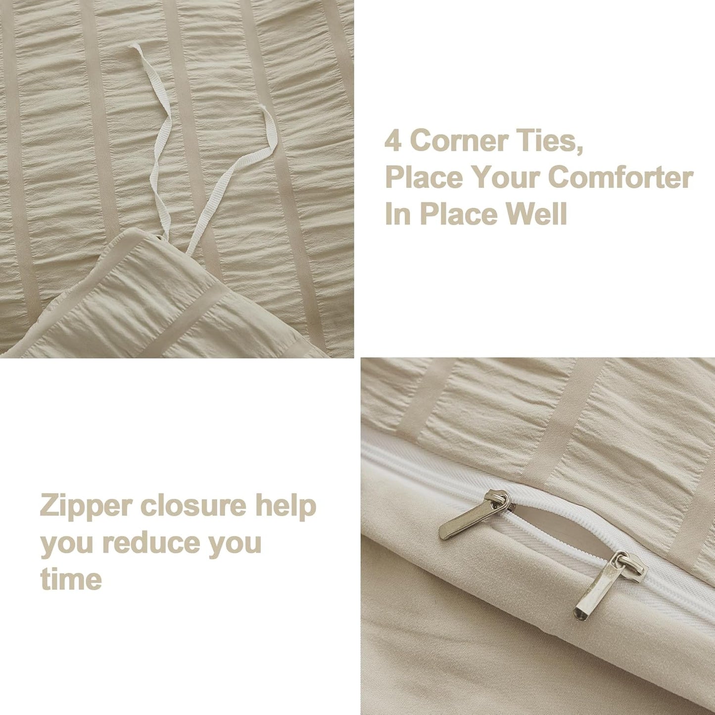 AveLom Beige Seersucker Duvet Cover Set Full Size (80 x 90 inches), 3 Pieces (1 Duvet Cover + 2 Pillow Cases), Ultra Soft Washed Microfiber, Textured Duvet Cover with Zipper Closure, Corner Ties