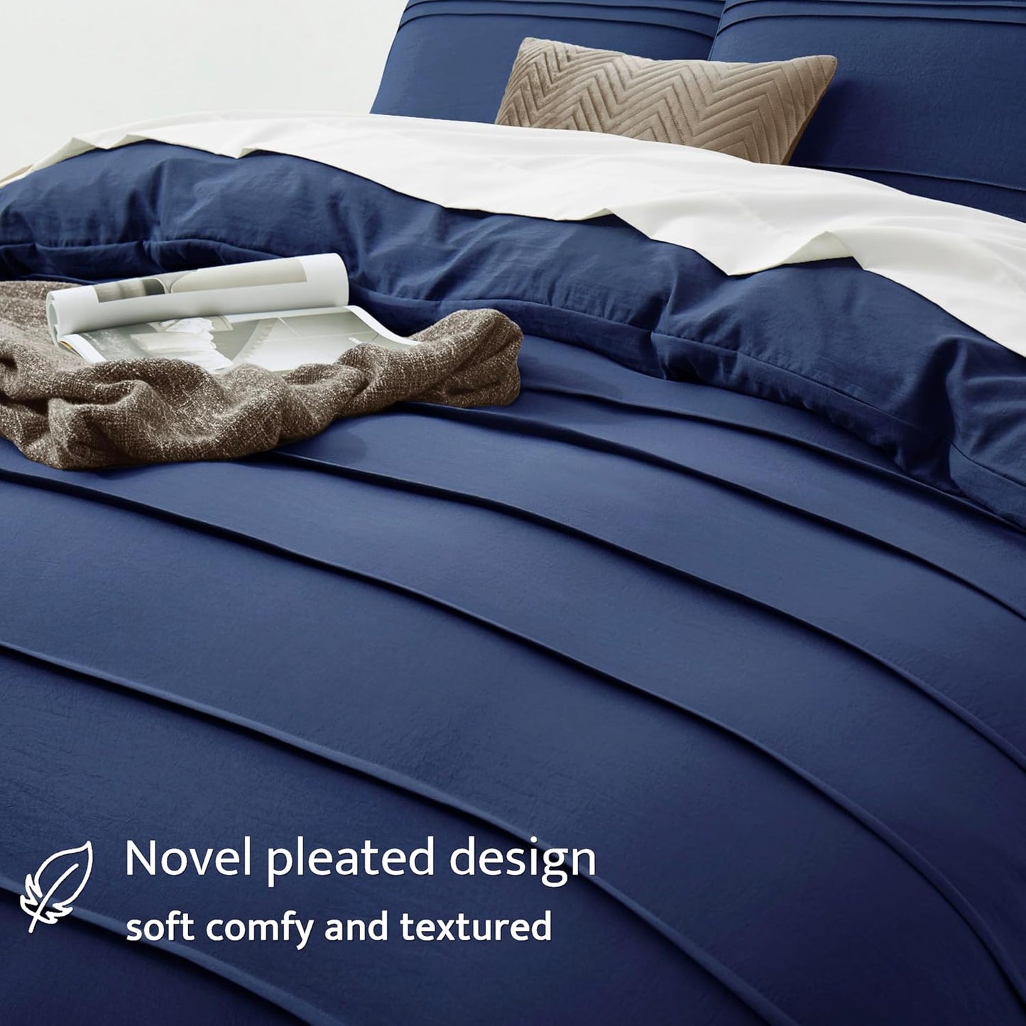 Oli Anderson Navy Blue Duvet Cover Queen Size - Pleated Queen Duvet Cover, 3PCS Soft and Breathable Textured Bedding Set with Zipper Closure(Navy Blue,90"x90")
