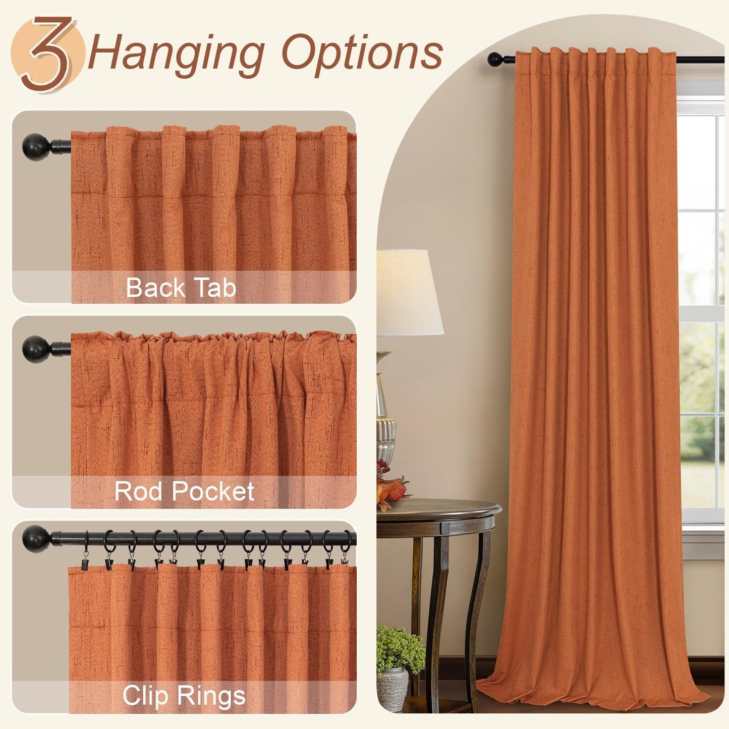 Pitalk Blackout Burnt Orange Curtain for Bedroom 96 Inch Length 2 Panels Back Tab Pocket Room Darkening Privacy Thermal Ochre Dark Orange Black Out Linen Drape for Living Room 52x96 Long Western Decor