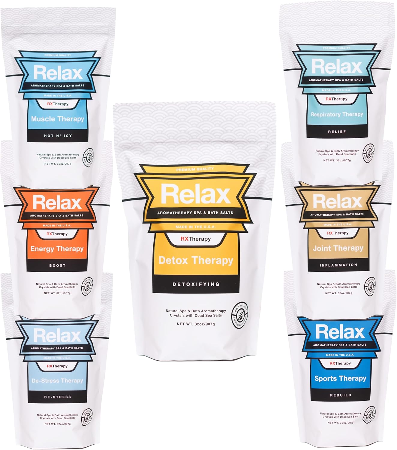 Relax Spa & Bath, Epsom & Dead Sea Salts, Aromatherapy Bath Salts for Hot Tub, Bath, or Spa, Infused with Magnesium, 32 oz Each, 7 Pack RX Therapy