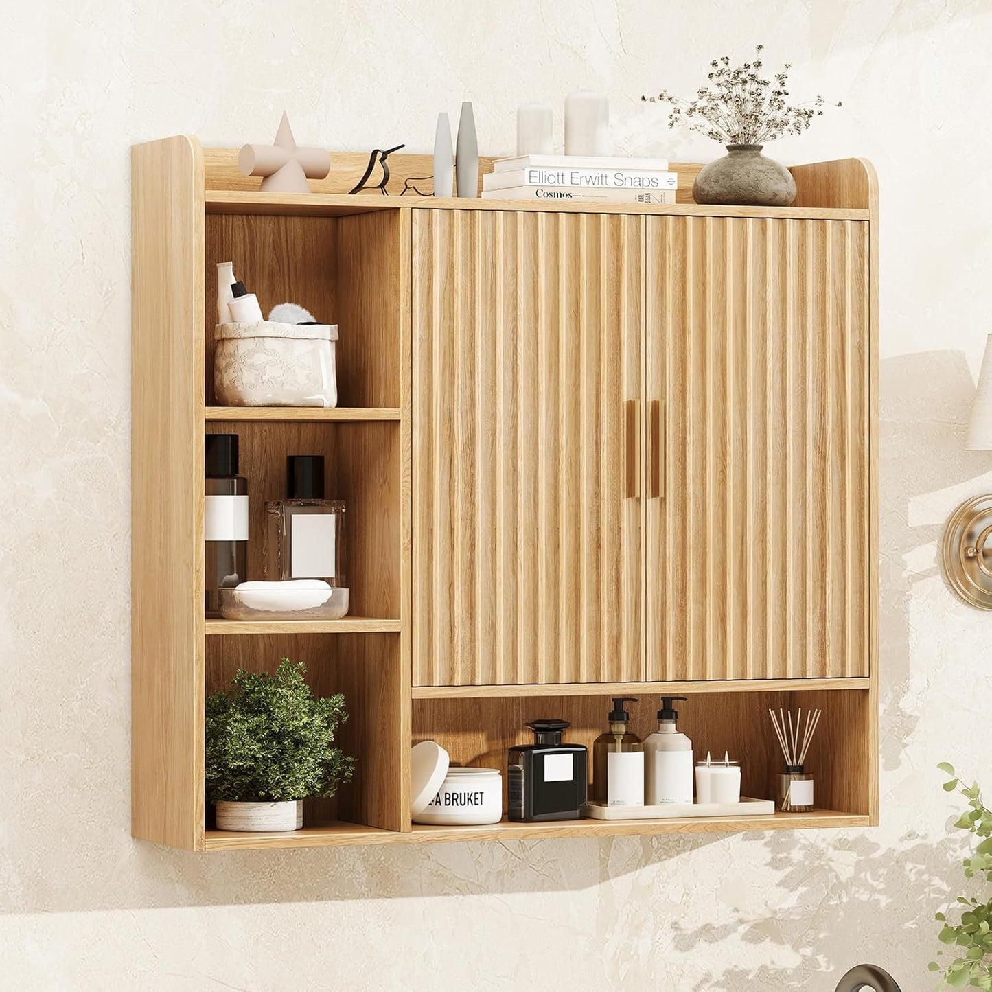 Vabches Fluted Bathroom Wall Cabinet, Wooden Medicine Cabinet Organizer with 2 Doors and Adjustable Shelf, Over The Toilet Storage Cabinet for Laundry Room and Living Room
