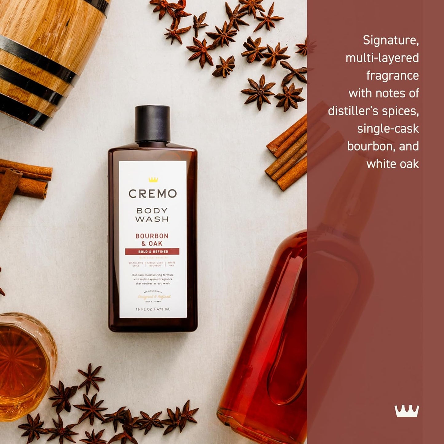 Cremo Body Wash Men, A Sophisticated Blend of Distillers Spice, Fine Bourbon and White Oak, 16 Fl Oz