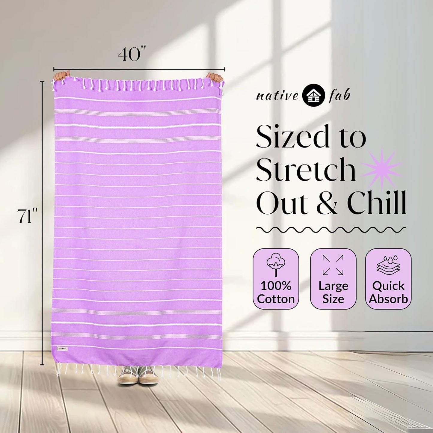 Native Fab Turkish Cotton Beach Towels Set of 6, Oversized 40x71 Inches, Thin & Lightweight, Quick Drying, Sand Resistant, Compact for Travel - Perfect for Summer, Beach, Pool, Spa - Multi 6 Colors