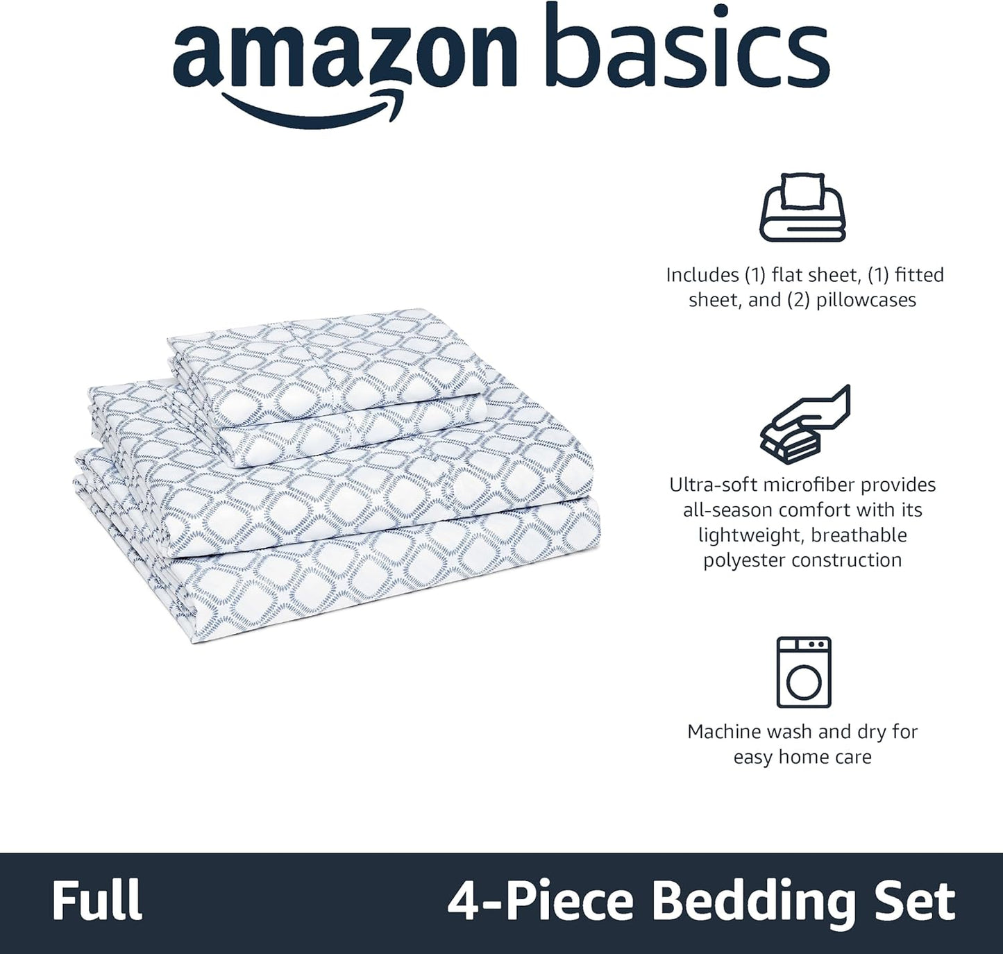 Amazon Basics Lightweight Microfiber 4-Piece Bed Sheet Set, Aqua, Printed, Full