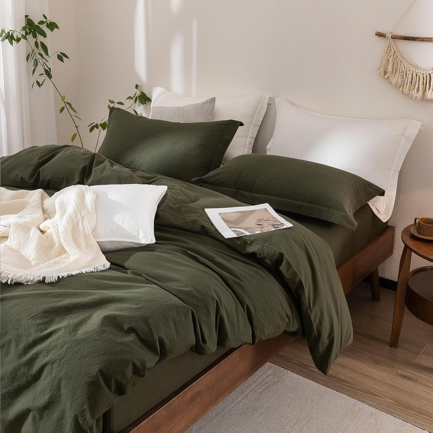 Olive Green Duvet Cover Super Queen Size, 100% Washed Cotton Bedding Set Cover 1 Duvet Cover 98inch x 90inch with Zipper Closure and 2 Pillowcases, Olive Green