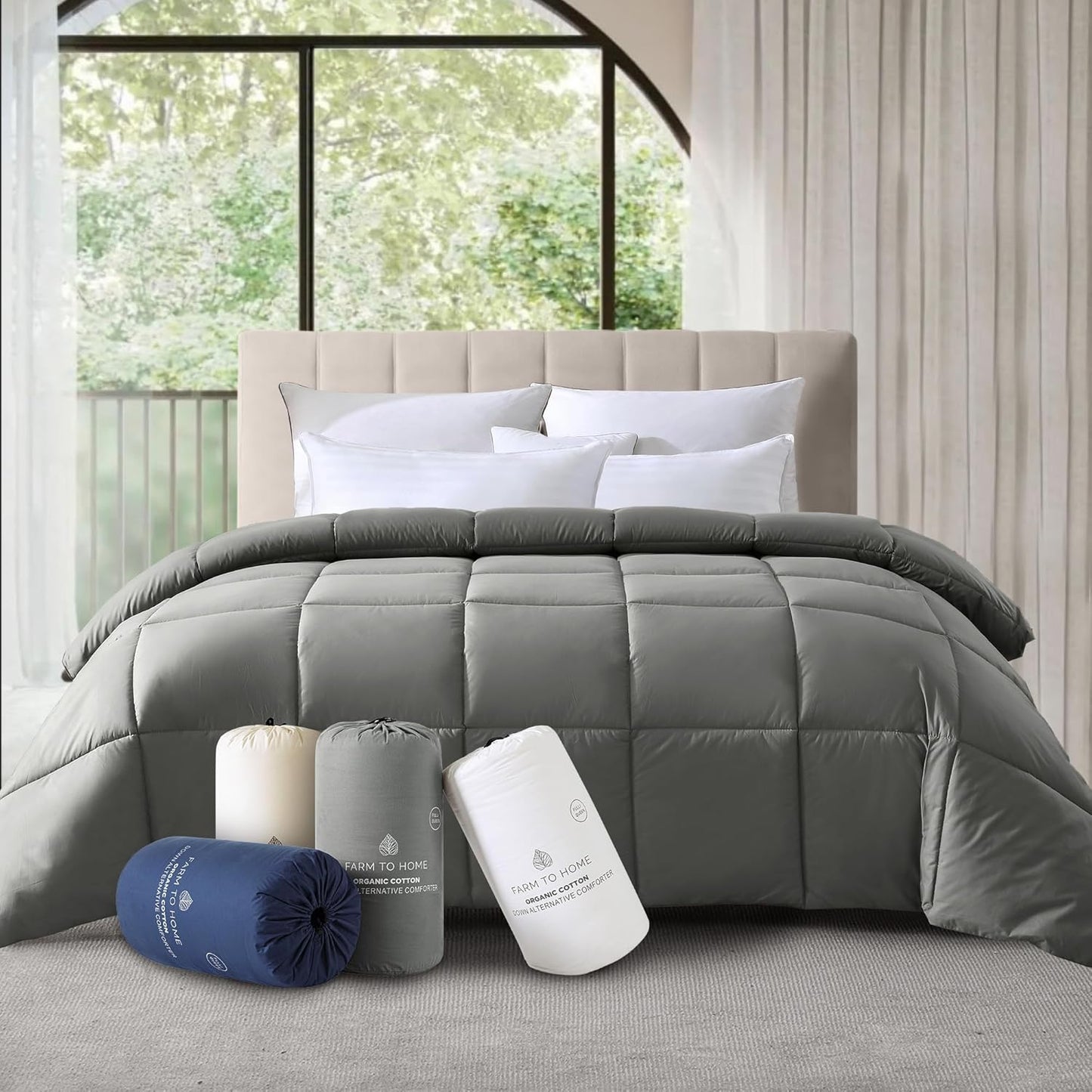 Farm To Home Luxury Comforter Organic Cotton All Season Fluffy Lightweight Down Alternative Machine Washable Comforter for Bedroom, Twin, Gray