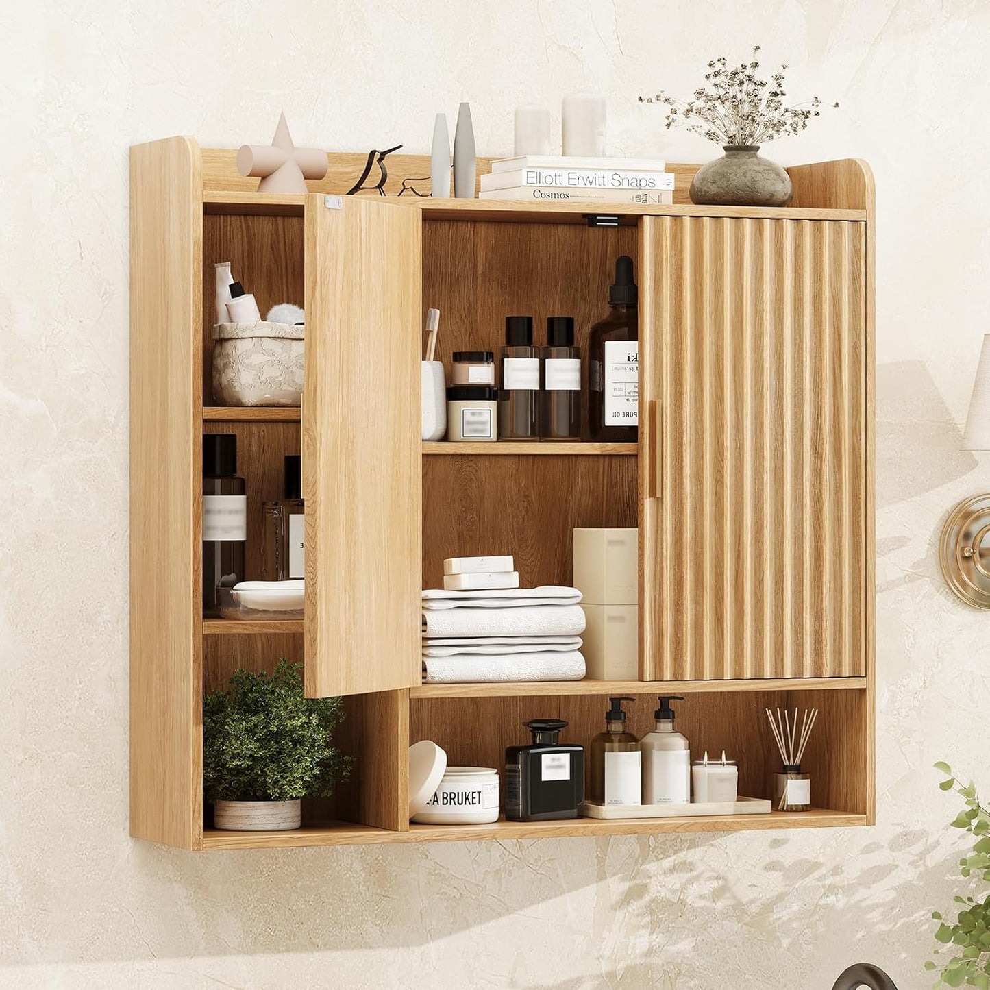 Vabches Fluted Bathroom Wall Cabinet, Wooden Medicine Cabinet Organizer with 2 Doors and Adjustable Shelf, Over The Toilet Storage Cabinet for Laundry Room and Living Room
