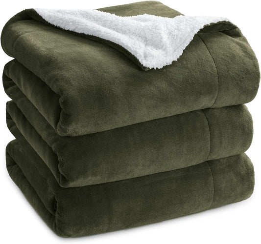 Bedsure GentleSoft Sherpa Fleece Blankets Queen Size for Bed - Thick and Warm Throw for Women and Men, Soft Fuzzy Plush Queen Blanket for Winter, Olive Green, 90x90 Inches