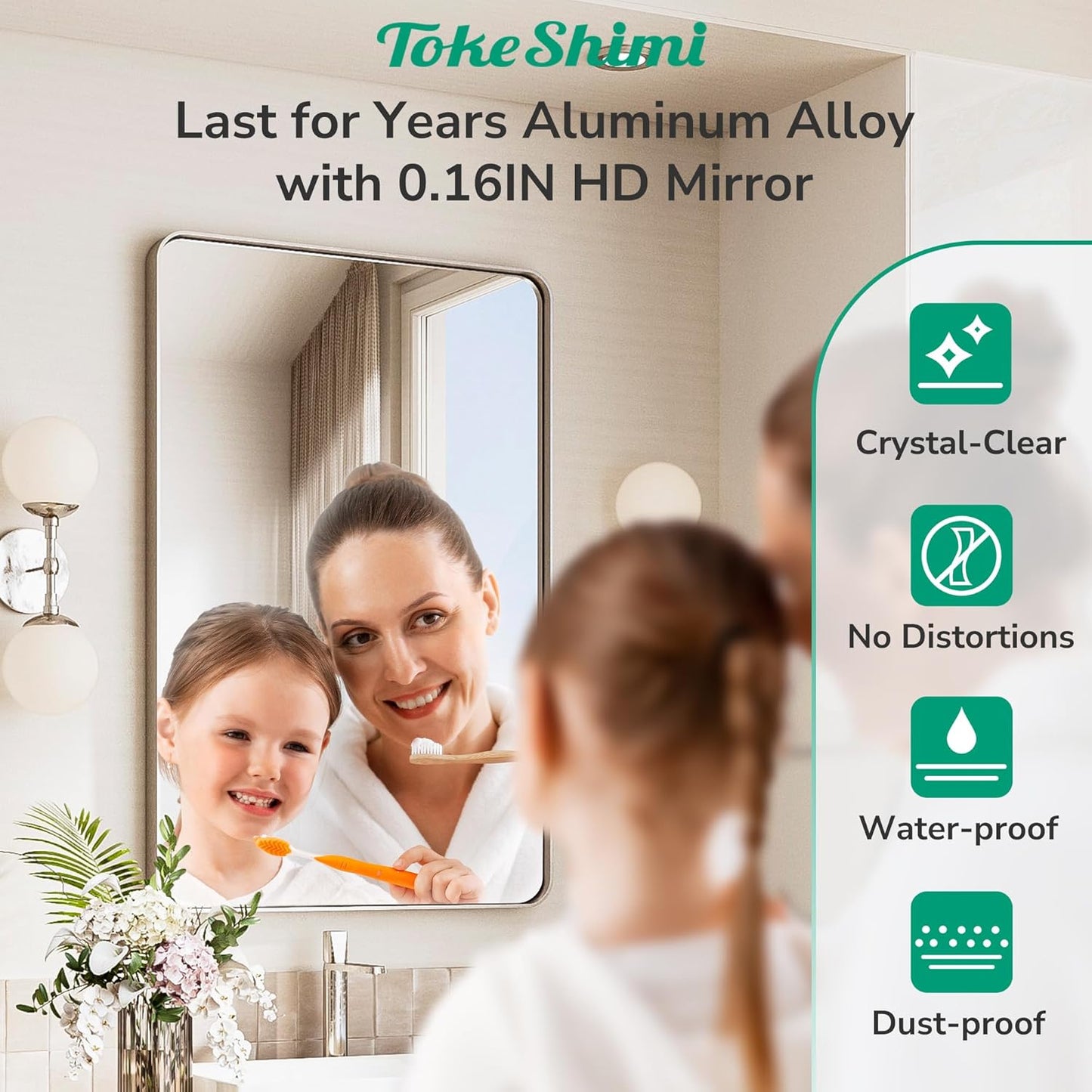 TokeShimi Brushed Nickel Vanity Mirror 60x36,Bathroom Mirror Framed Aluminum,Tempered Glass,Rectangle Mirror for Bathroom,Shatterproof Bathroom Wall Mirror(Horizontal/Vertical)