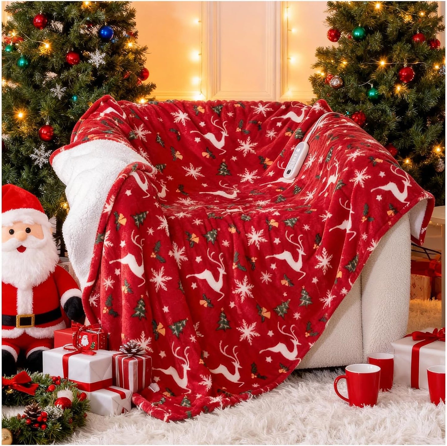 Electric Blanket Heated Throw, Soft Flannel Christmas Heated Blanket with 8 Hours Auto Off & 8 Fast Heating Levels Machine Washable Sherpa Heating Blanket with Overheating Protection Gift for Women