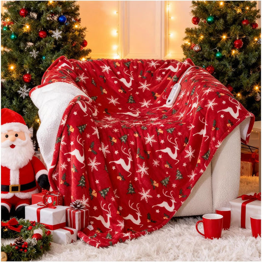 Electric Blanket Heated Throw, Soft Flannel Christmas Heated Blanket with 8 Hours Auto Off & 8 Fast Heating Levels Machine Washable Sherpa Heating Blanket with Overheating Protection Gift for Women