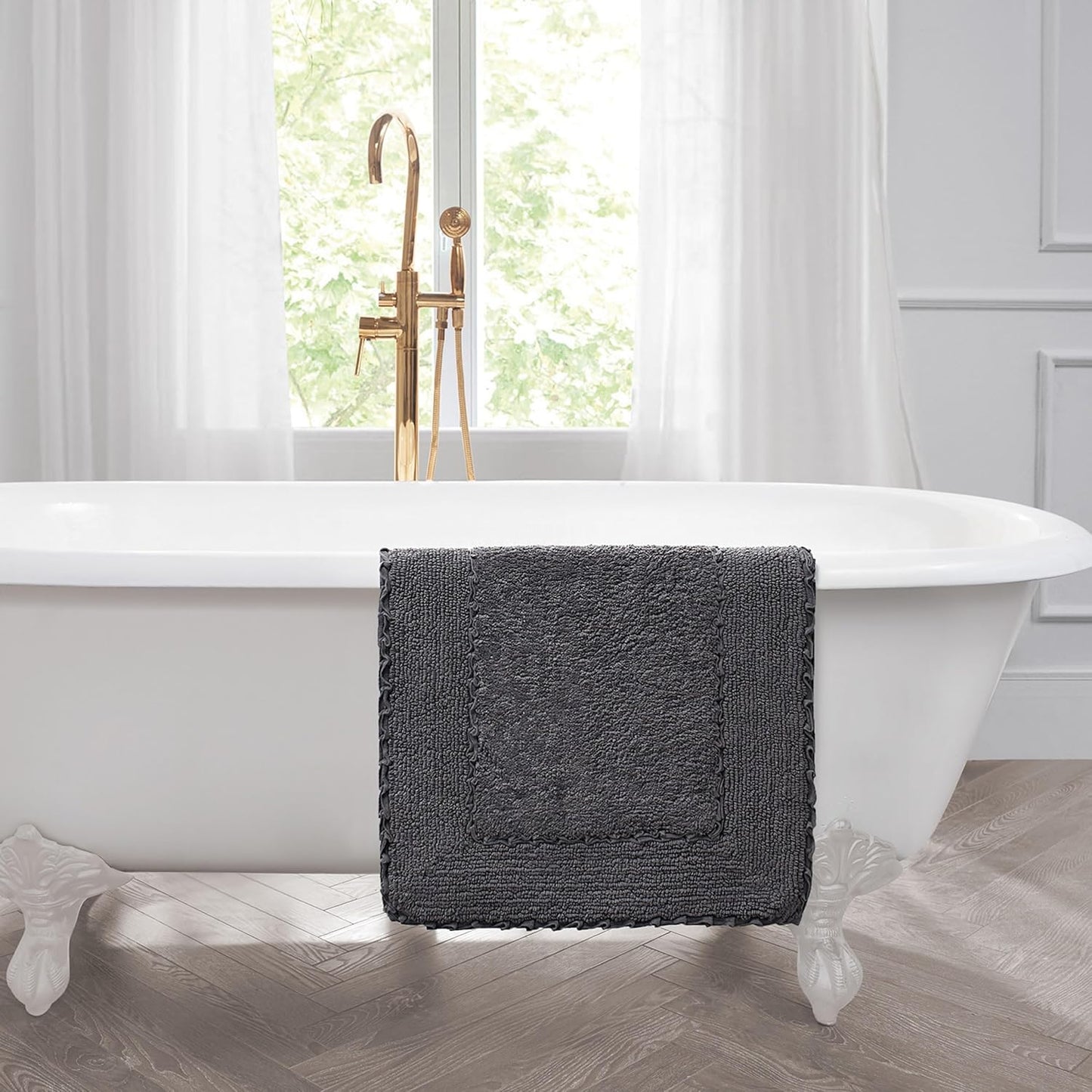 Laura Ashley Ruffle Border 100% Cotton Bath Rug Set, Dark Gray, 17" x 24"/ 20" x 32"